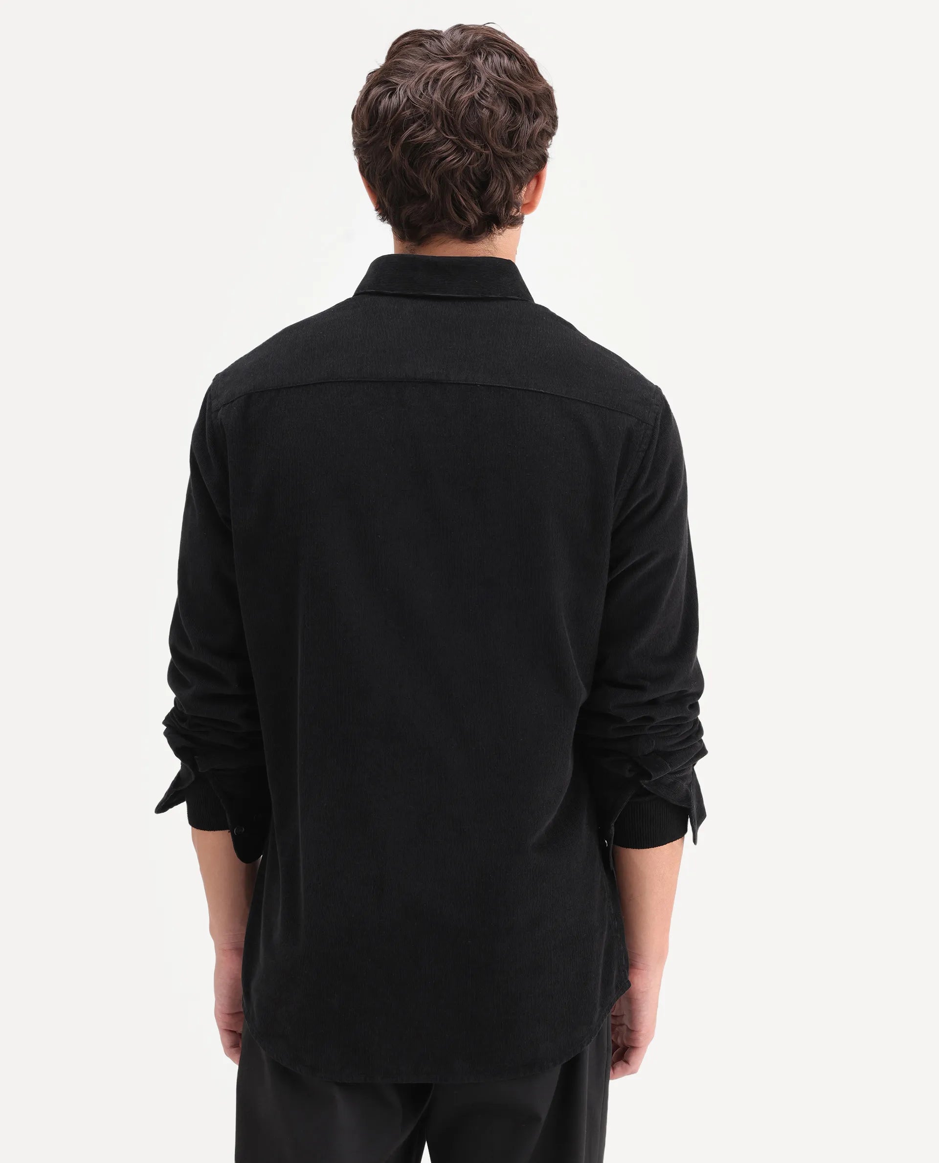 Rare Rabbit Men's Buita-On Black Cotton Fabric Button-Down Collar Regular Fit Plain Shirt