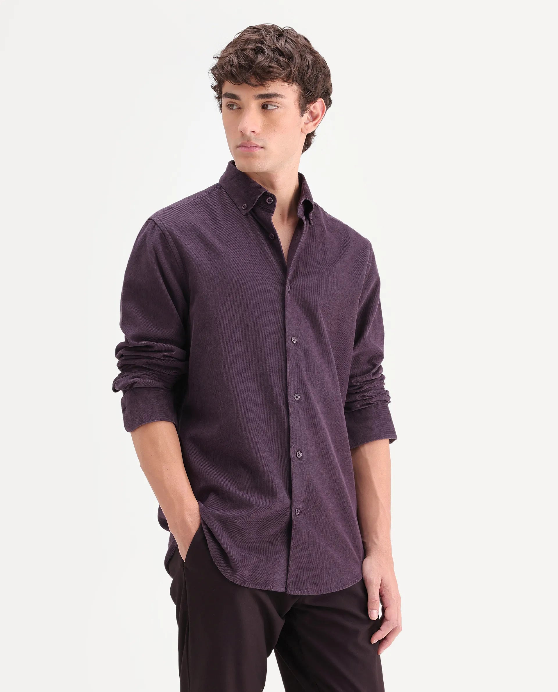 Rare Rabbit Men's Buita-On Dark Purple Cotton Fabric Button-Down Collar Regular Fit Plain Shirt