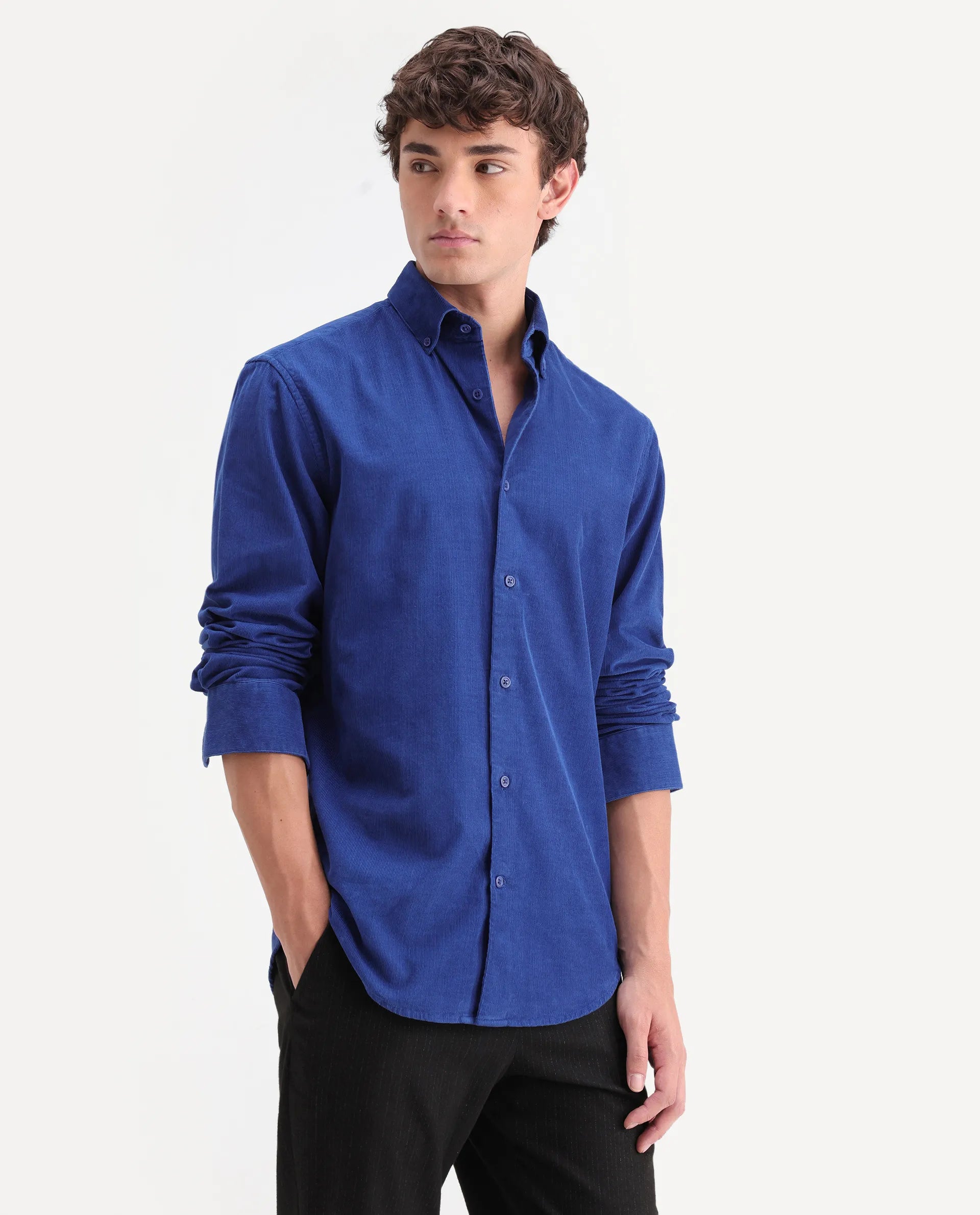 Rare Rabbit Men's Buita-On Blue Cotton Fabric Button-Down Collar Regular Fit Plain Shirt
