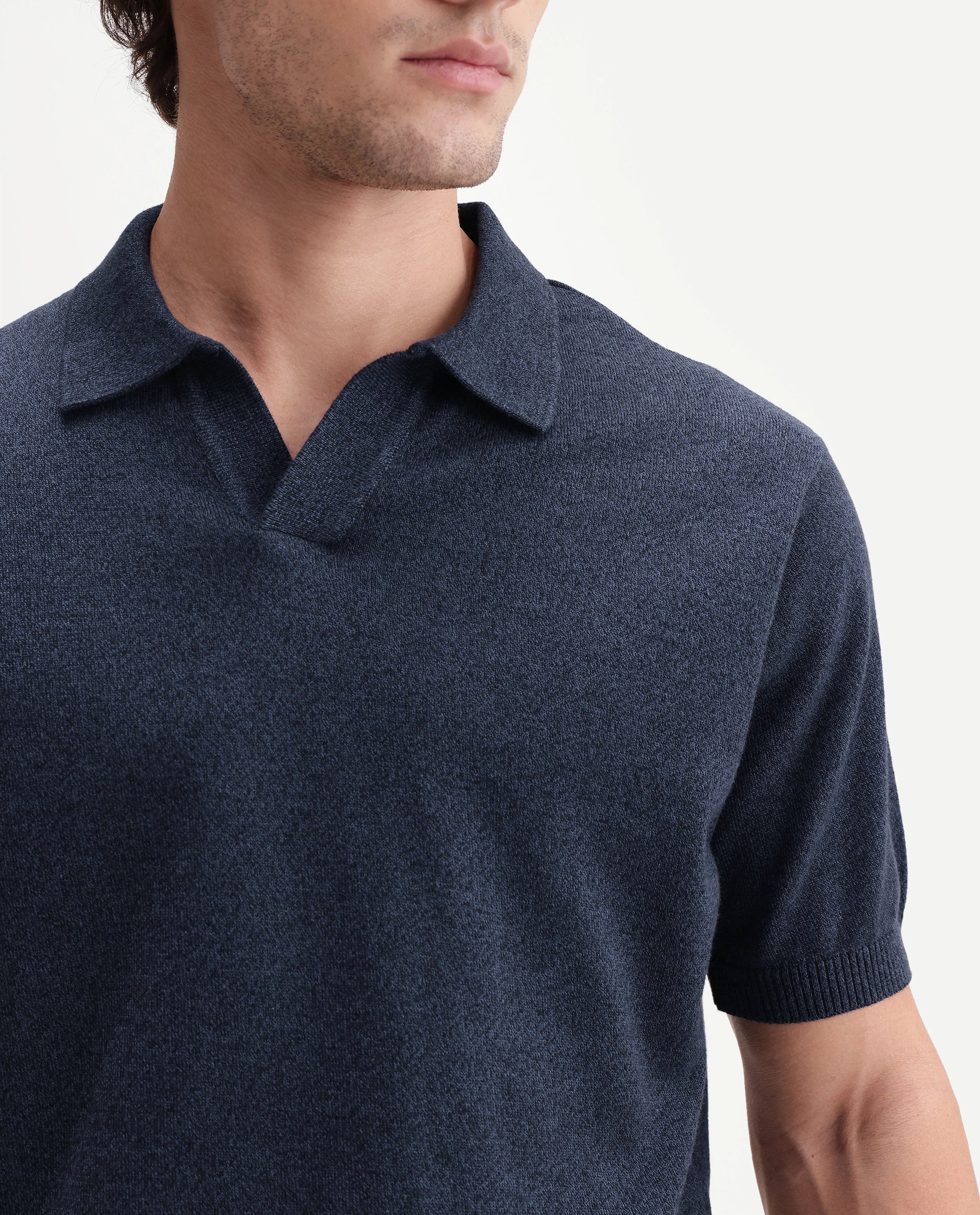 Rare Rabbit Men's Aldro Blue Cotton Blend Johnny Collar Regular Plain Polo