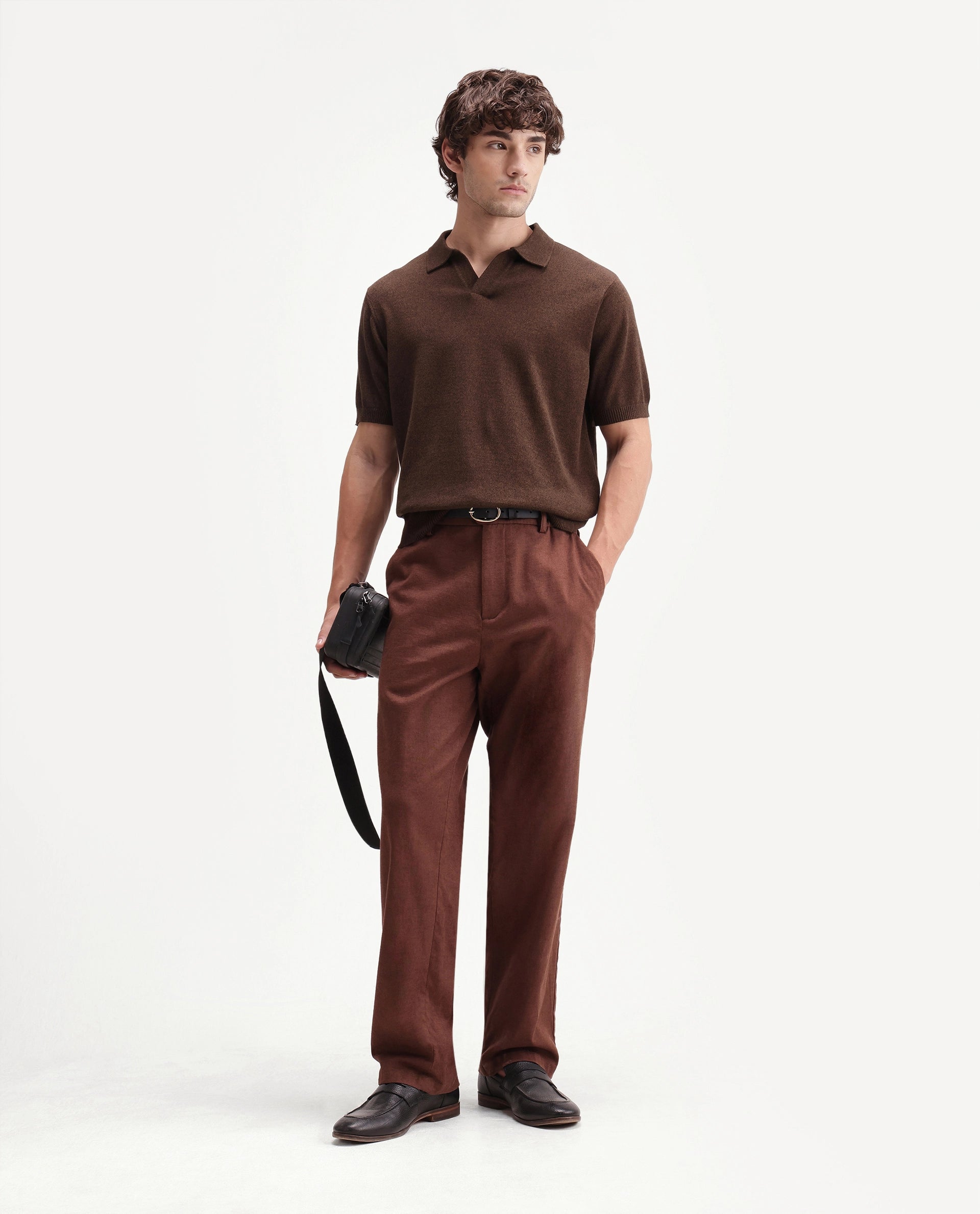 Rare Rabbit Men's Aldro Brown Cotton Blend Johnny Collar Regular Plain Polo