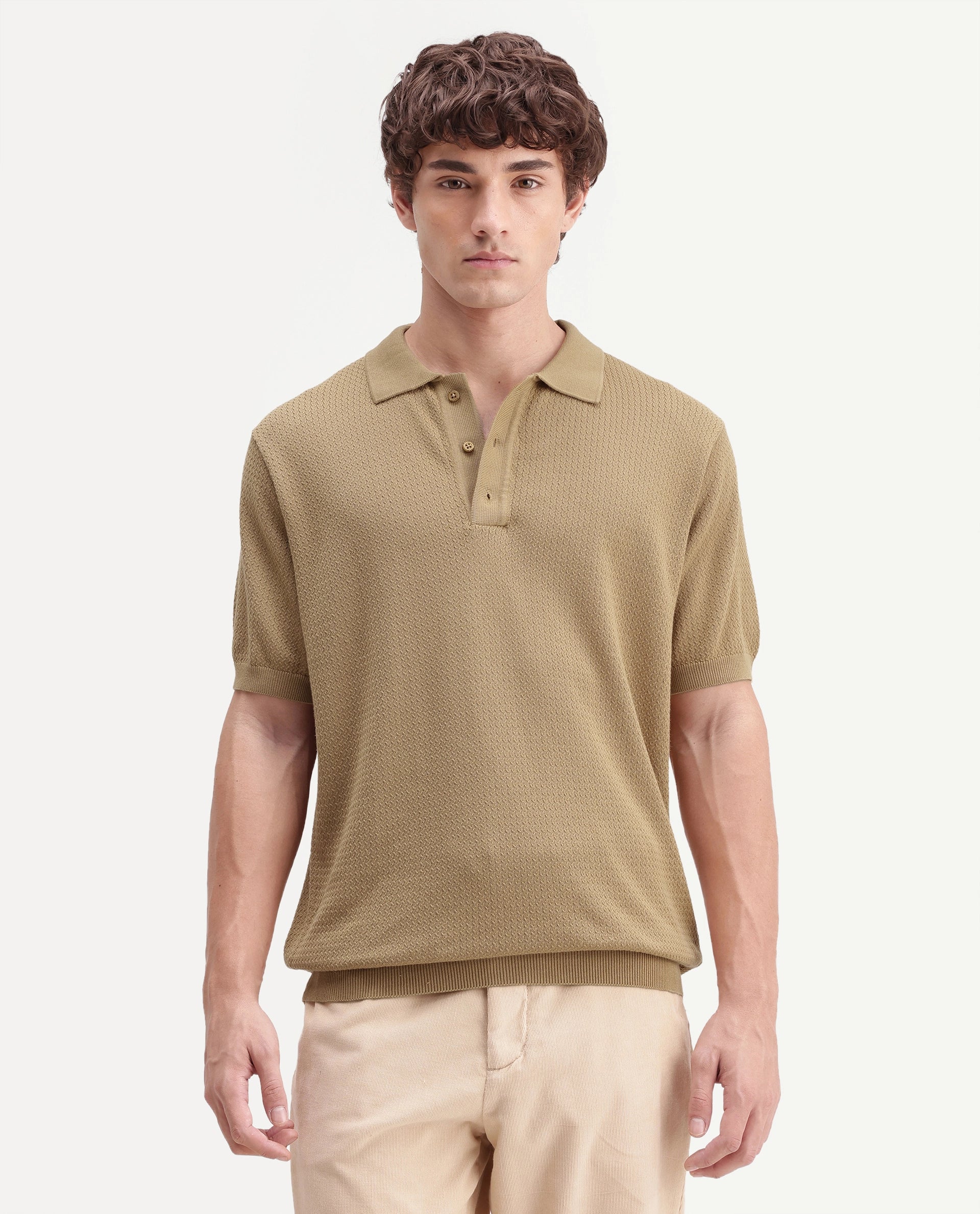 Rare Rabbit Men's Tine Mustard Cotton Regular Short Sleeves Polo Textured Shirt