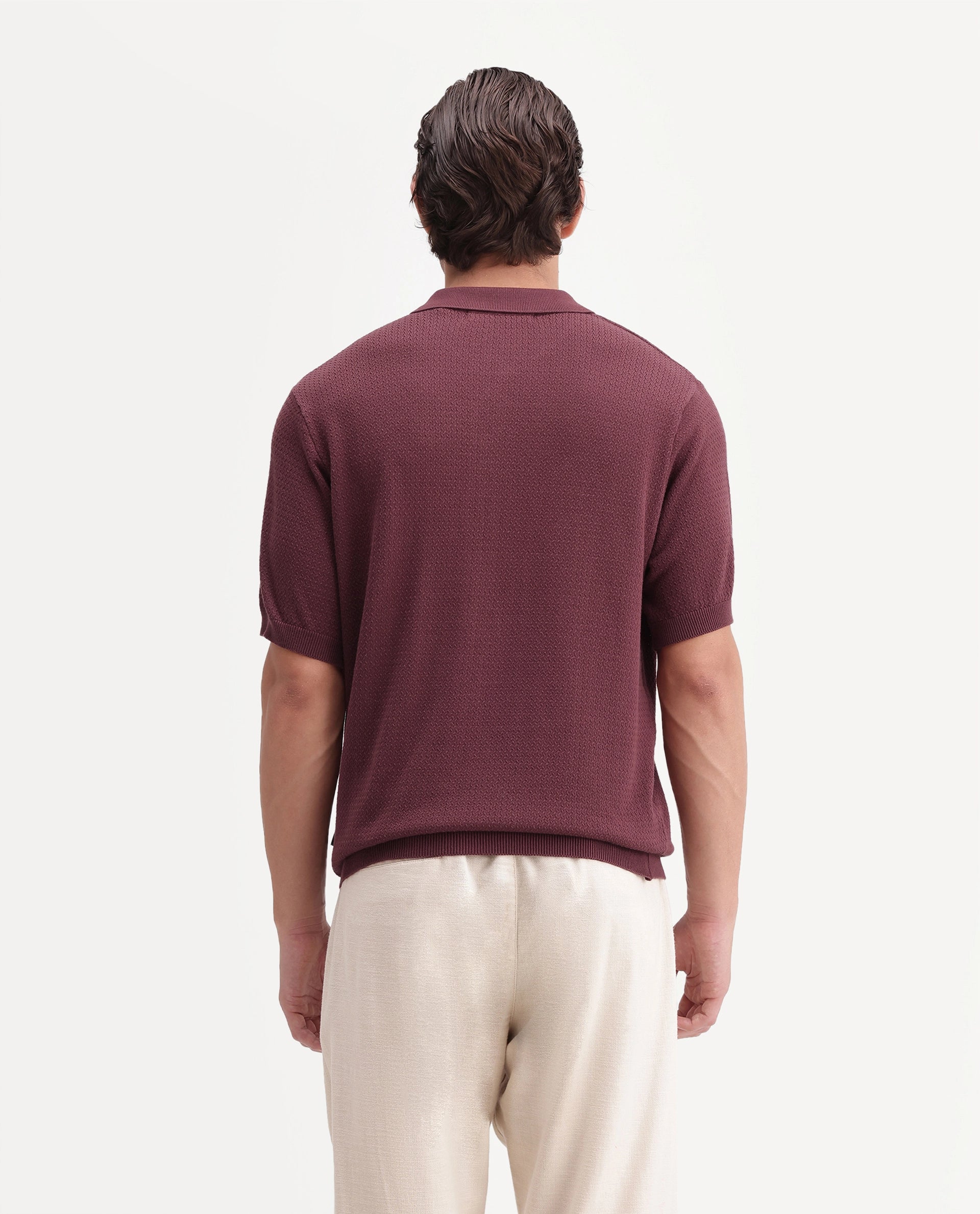 Rare Rabbit Men's Tine Maroon Cotton Spread Collar Regular Textured Polo