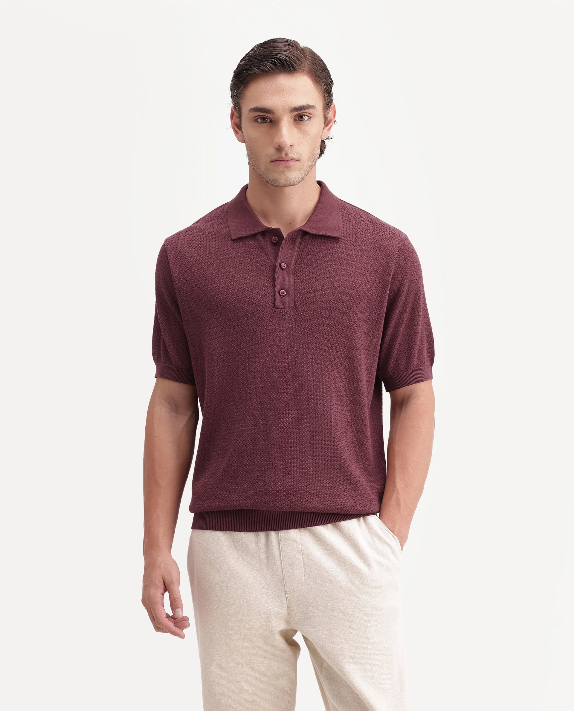 Rare Rabbit Men's Tine Maroon Cotton Spread Collar Regular Textured Polo