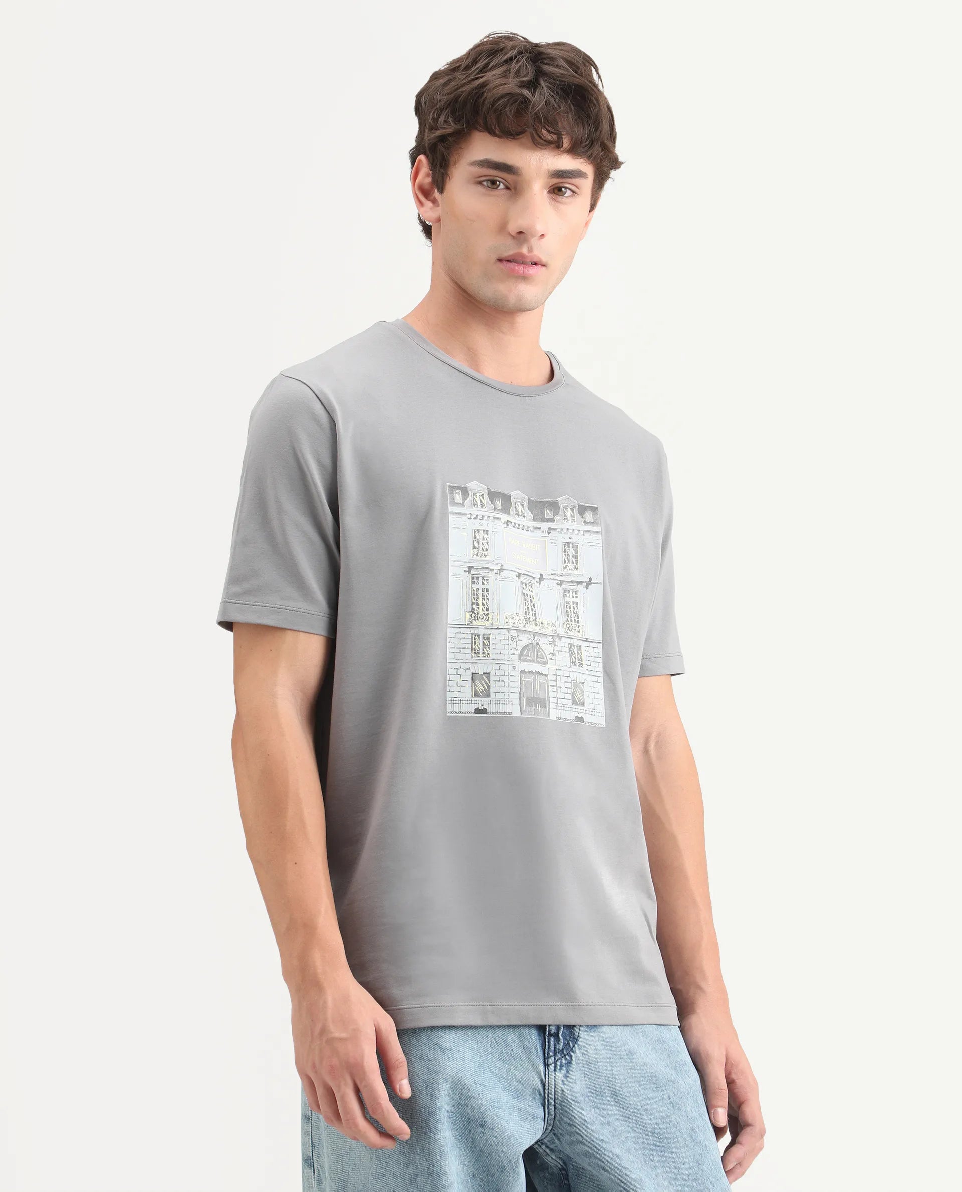 Rare Rabbit Men's Buda Grey Cotton Blend Crew Neck Regular Graphic Print T-Shirt