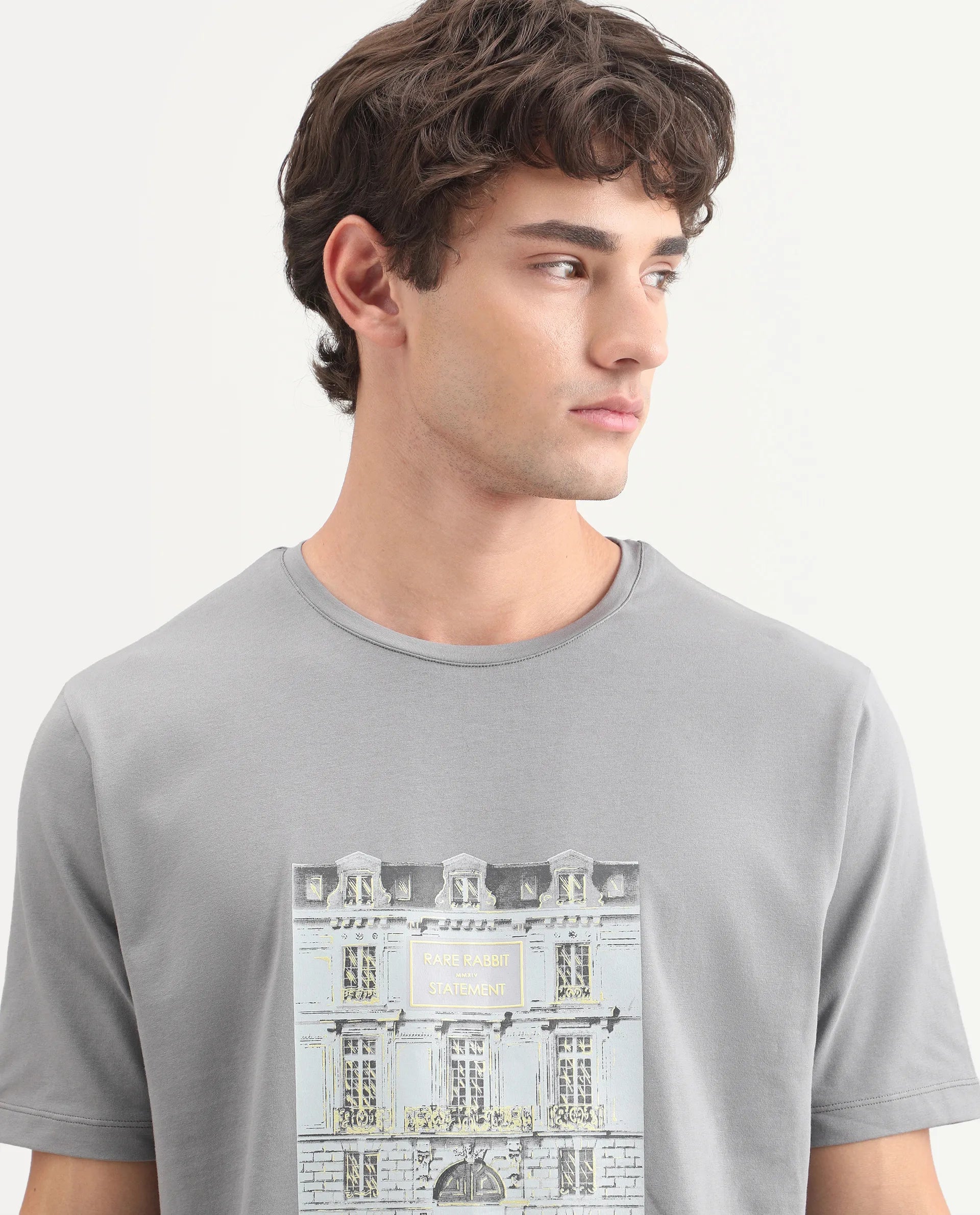 Rare Rabbit Men's Buda Grey Cotton Blend Crew Neck Regular Graphic Print T-Shirt