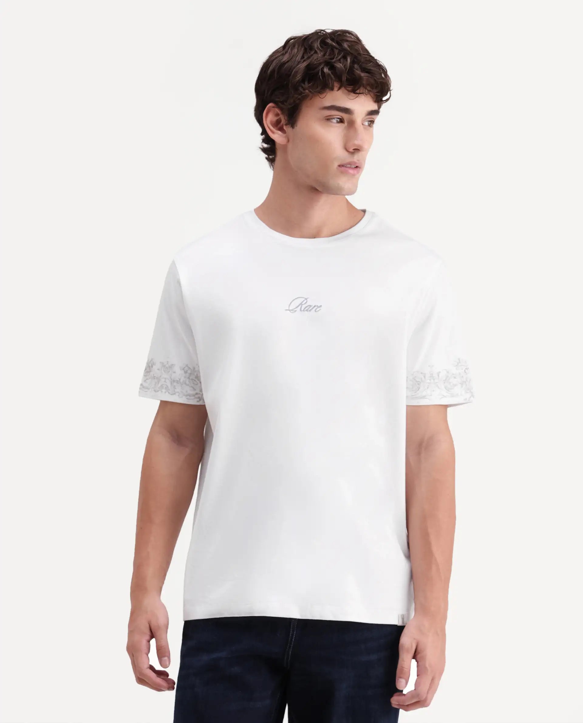 Rare Rabbit Men's True White Cotton Crew Neck Regular Fit Graphic Print T-Shirt