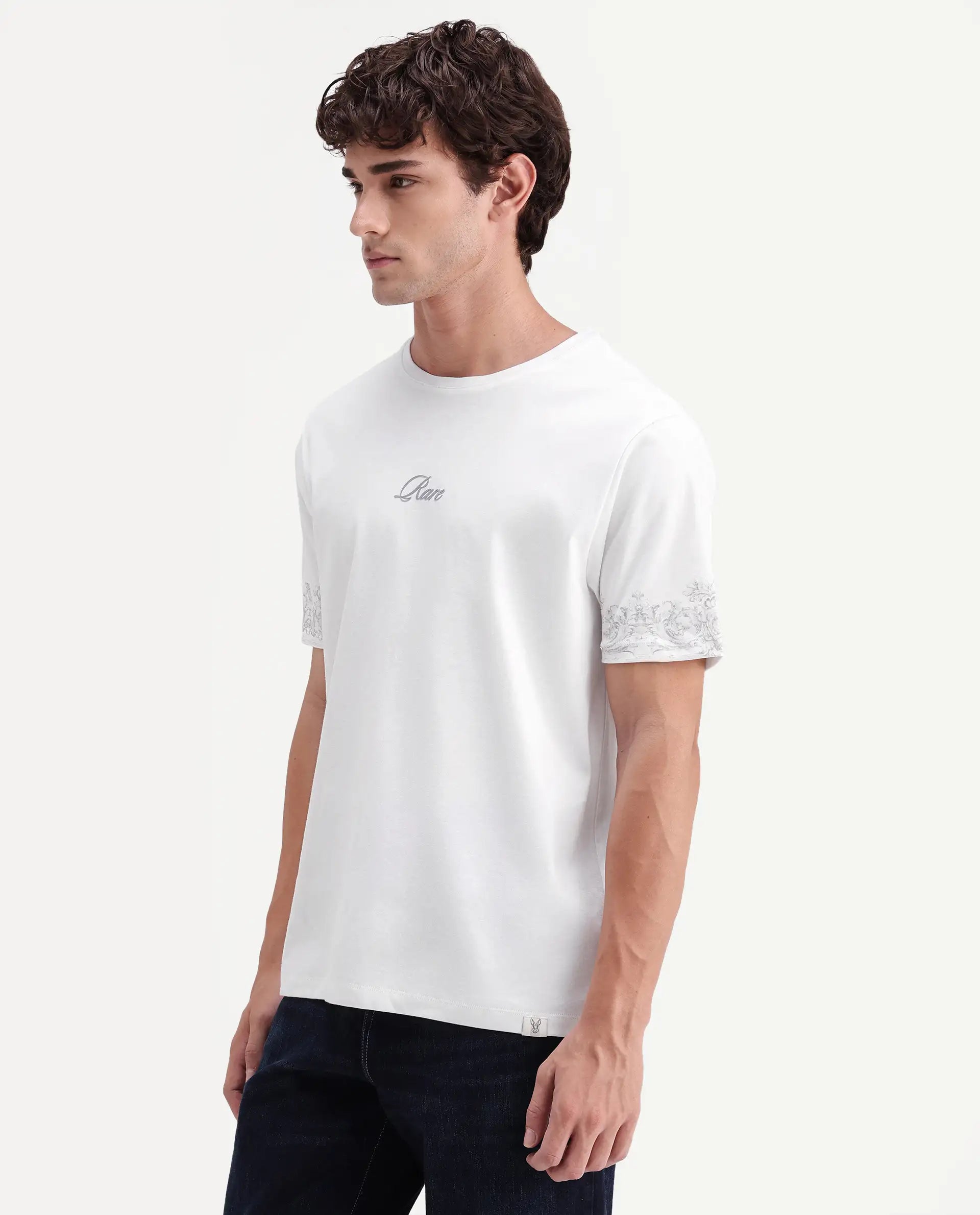 Rare Rabbit Men's True White Cotton Crew Neck Regular Fit Graphic Print T-Shirt