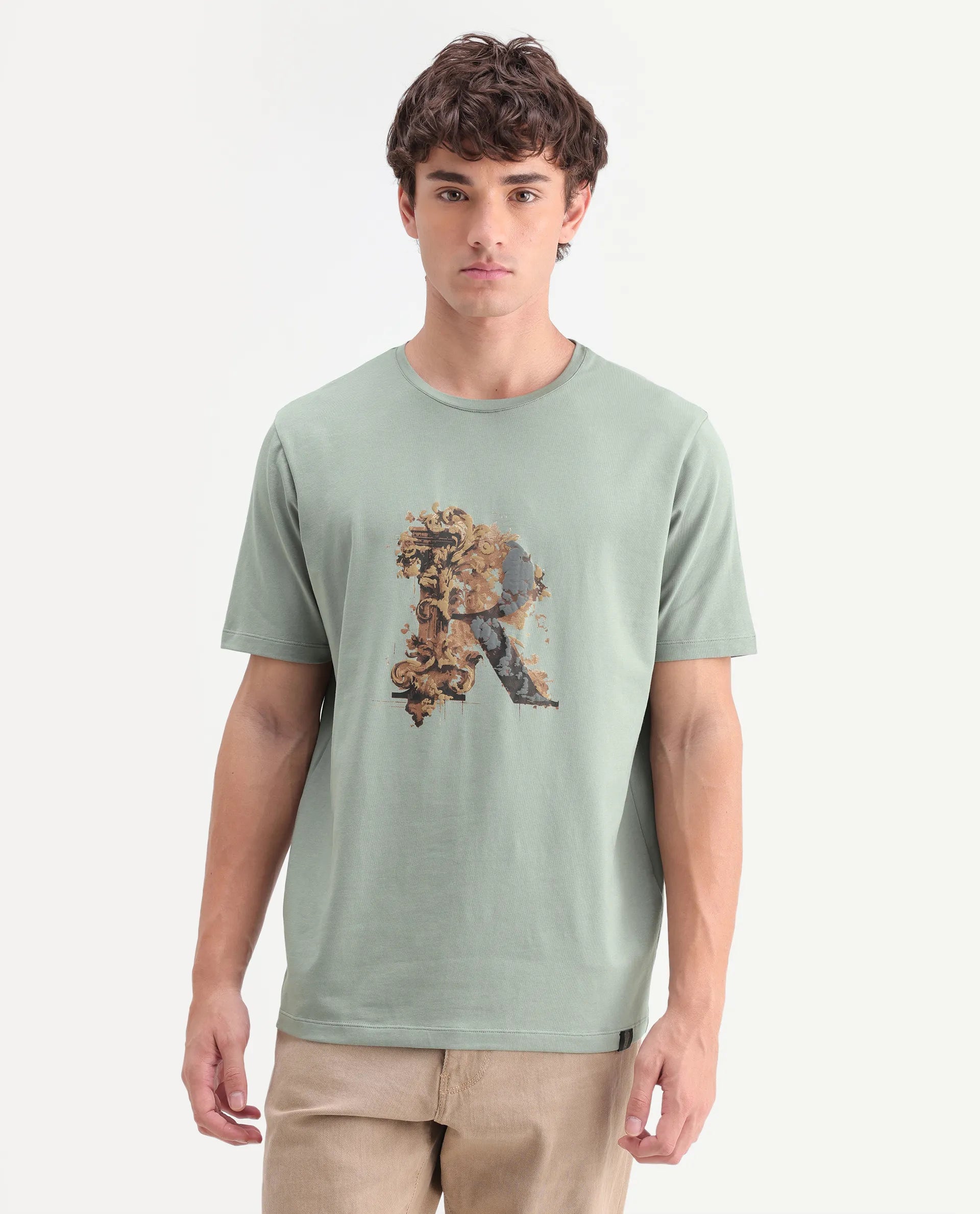 Rare Rabbit Men's Jeh Dusky Green Cotton Blend Crew Neck Regular Graphic Print T-Shirt