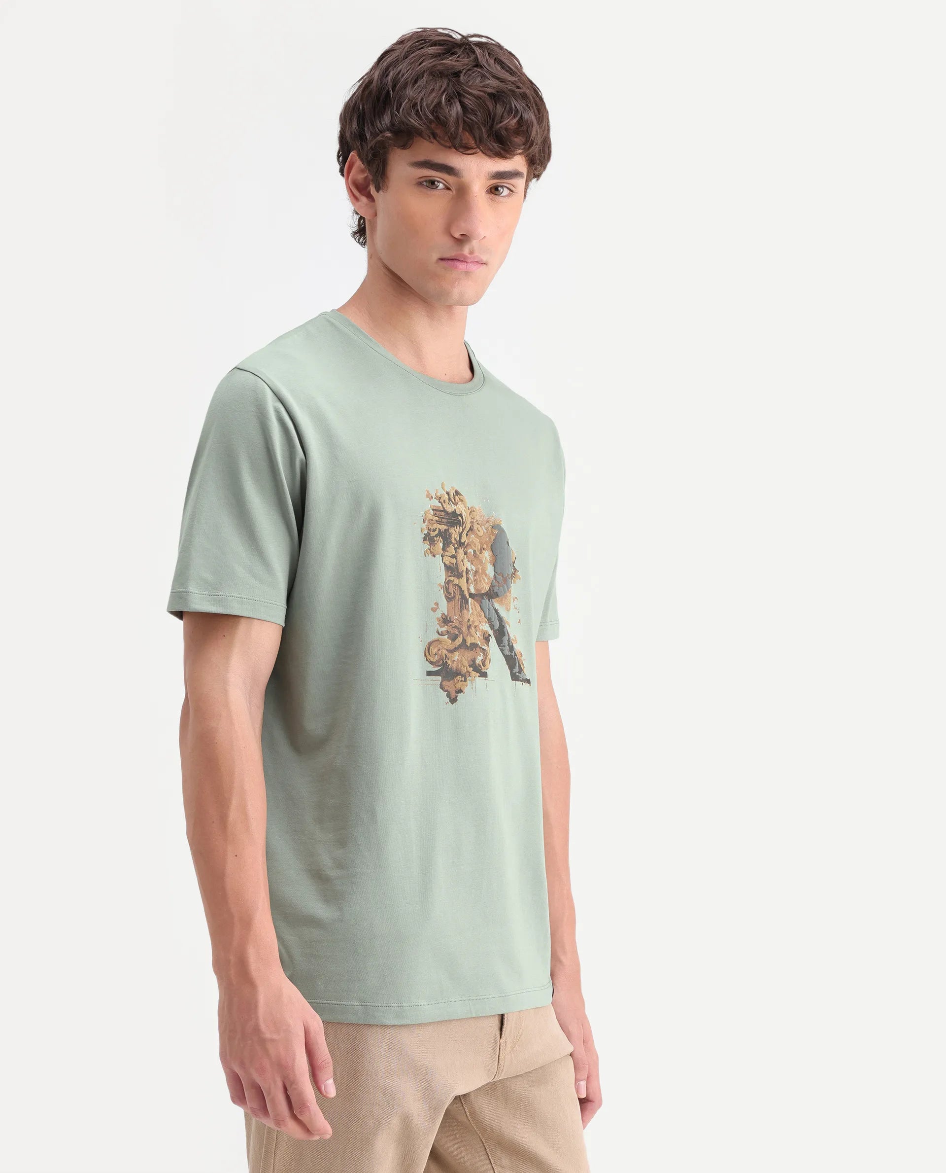 Rare Rabbit Men's Jeh Dusky Green Cotton Blend Crew Neck Regular Graphic Print T-Shirt