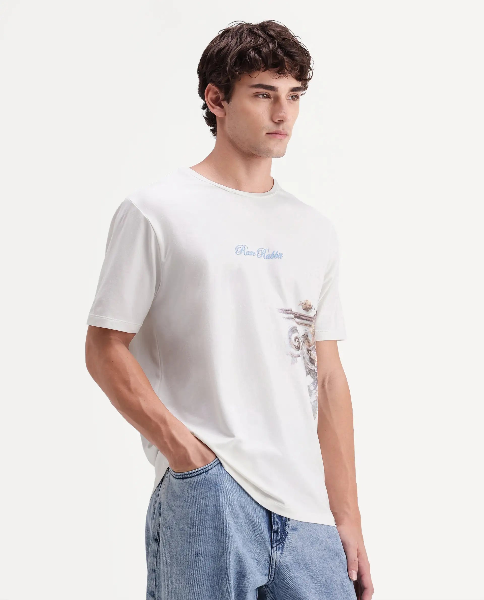 Rare Rabbit Men's Freco Off White Cotton Blend Crew Neck Regular Graphic Print T-Shirt