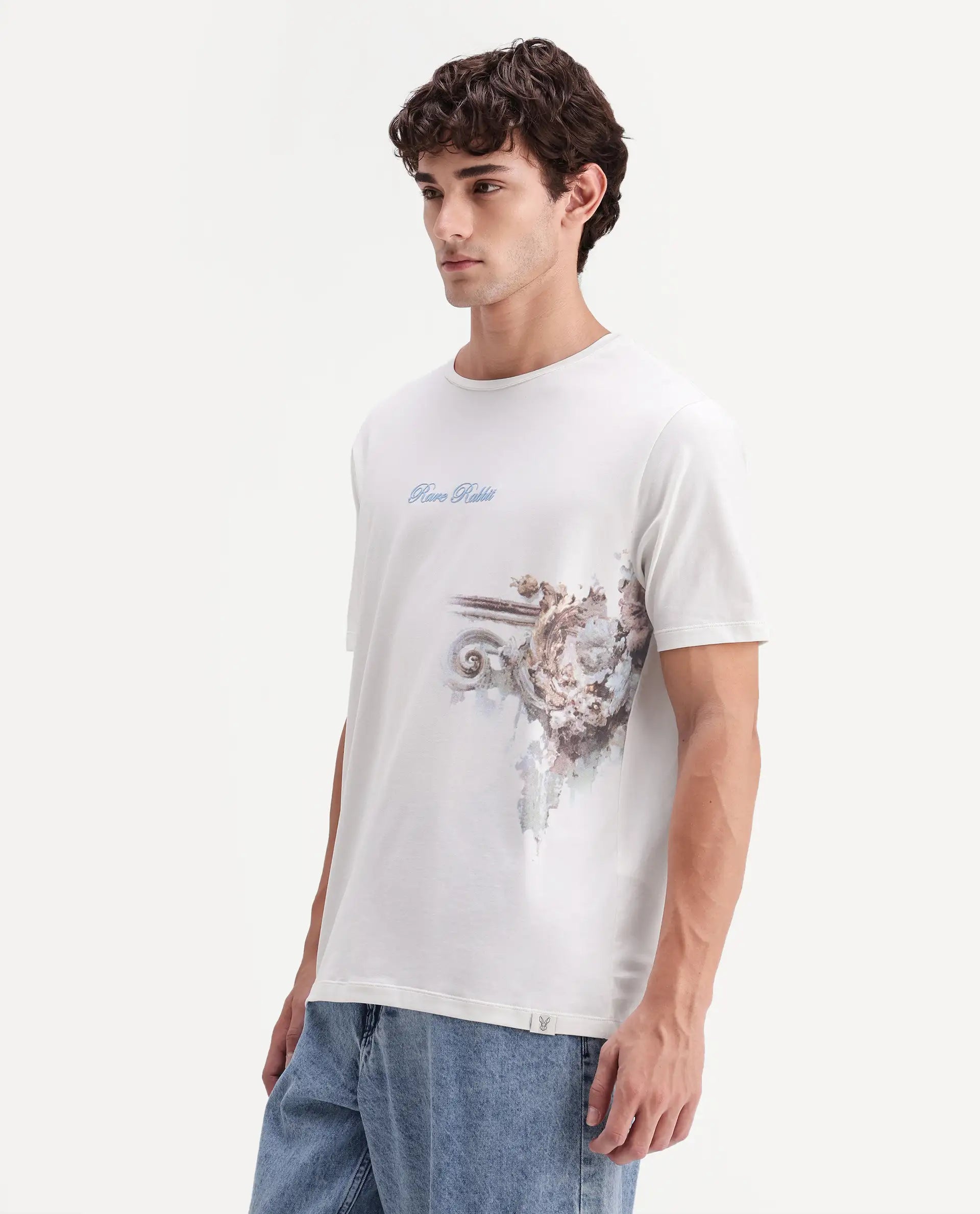 Rare Rabbit Men's Freco Off White Cotton Blend Crew Neck Regular Graphic Print T-Shirt