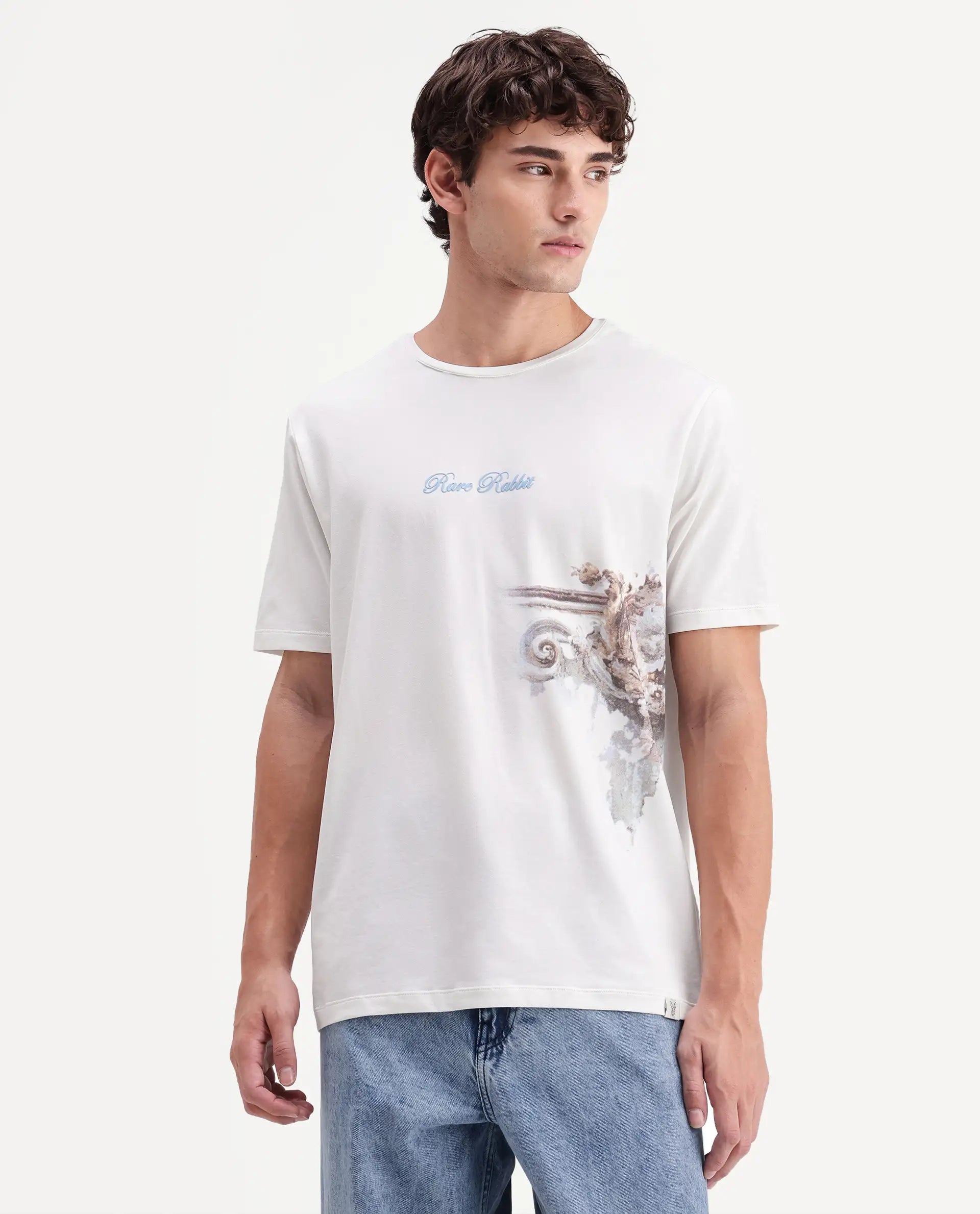 Rare Rabbit Men's Freco Off White Cotton Blend Crew Neck Regular Graphic Print T-Shirt