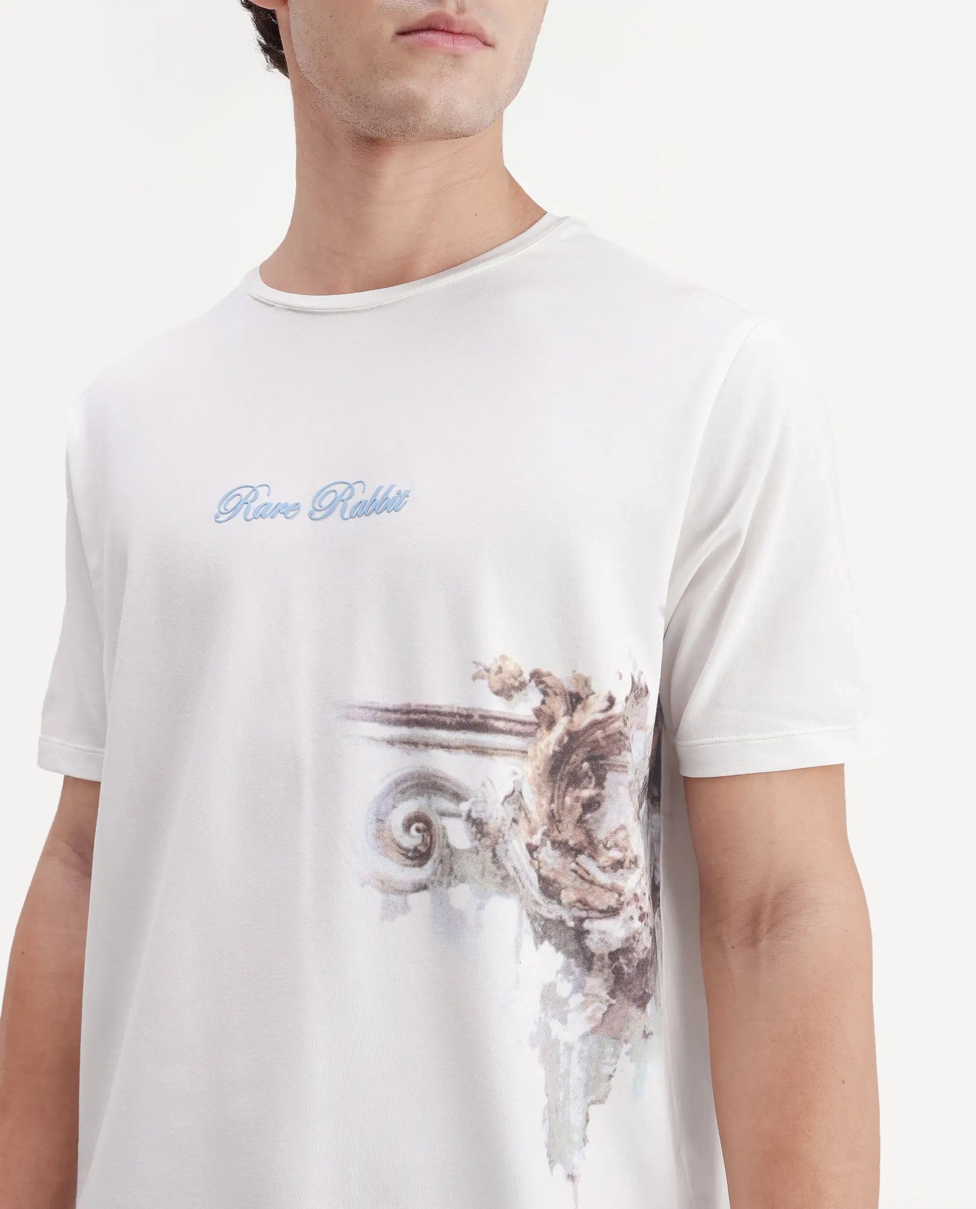 Rare Rabbit Men's Freco Off White Cotton Blend Crew Neck Regular Graphic Print T-Shirt