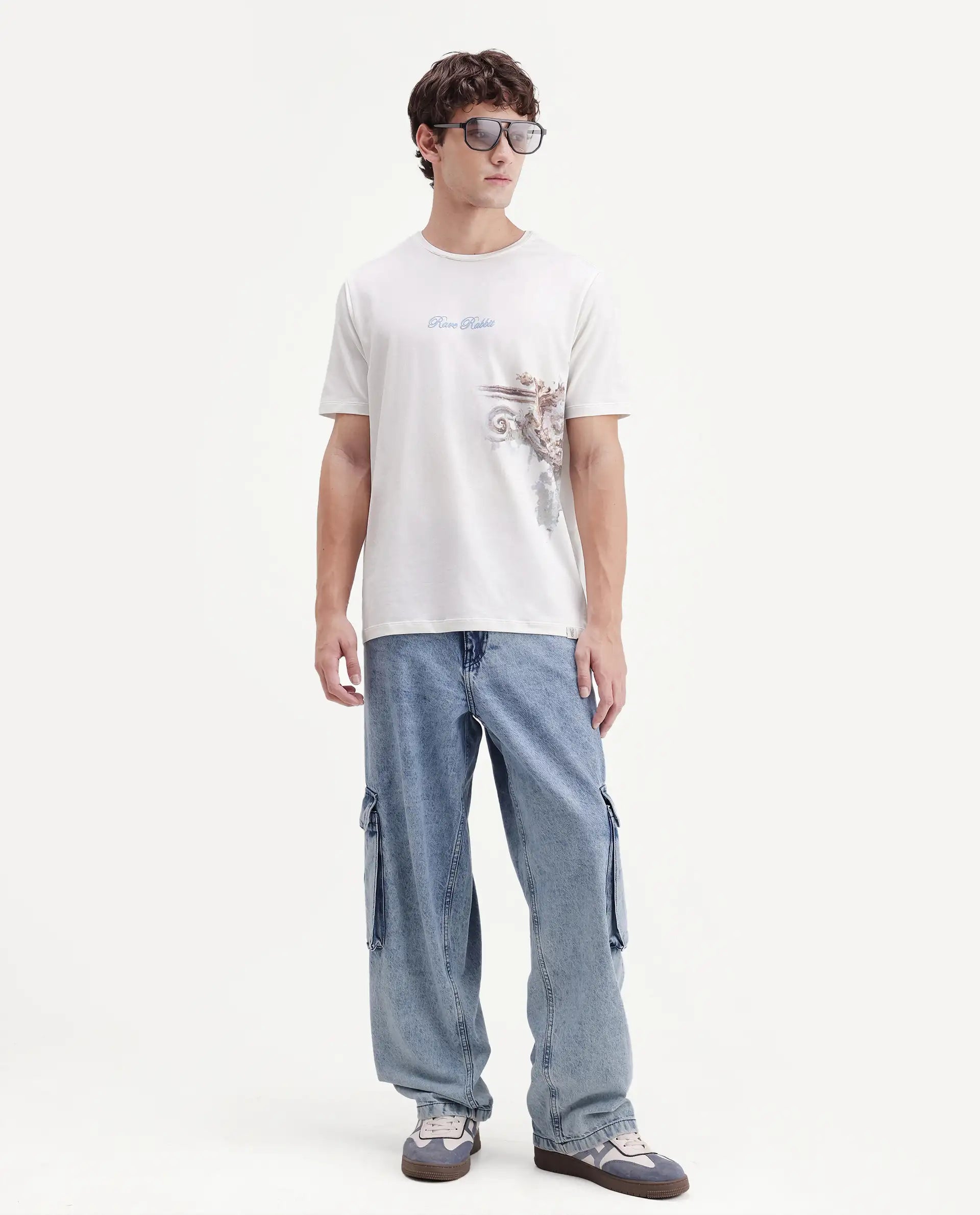 Rare Rabbit Men's Freco Off White Cotton Blend Crew Neck Regular Graphic Print T-Shirt