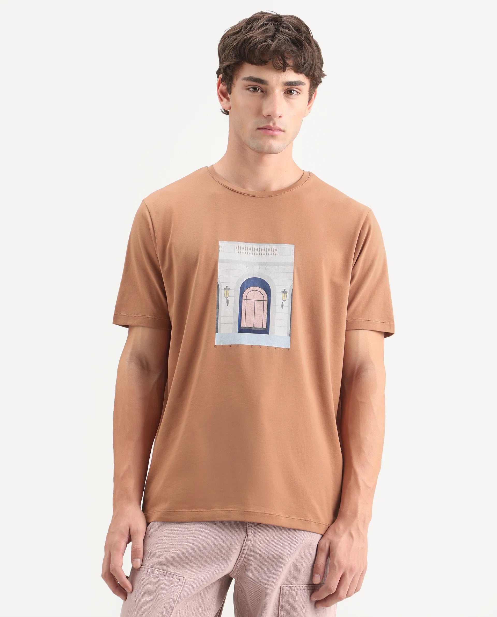 Rare Rabbit Men's Gral Dusky Rust Cotton Blend Crew Neck Regular Graphic Print T-Shirt