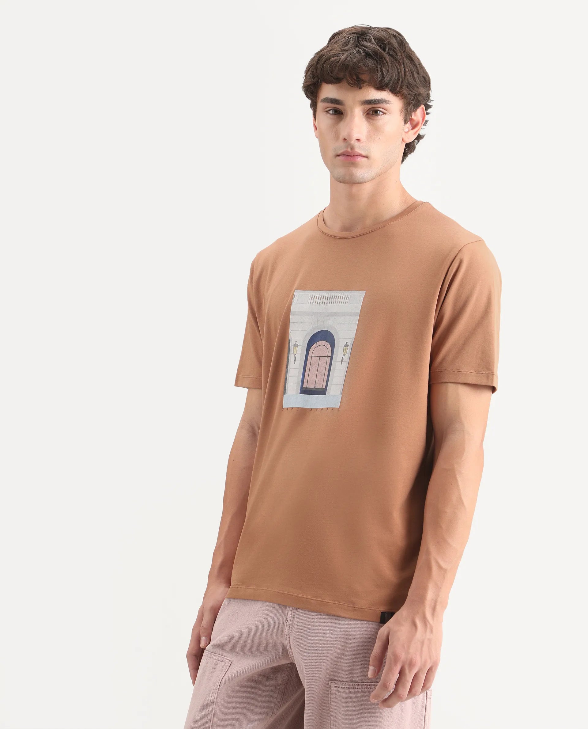 Rare Rabbit Men's Gral Dusky Rust Cotton Blend Crew Neck Regular Graphic Print T-Shirt