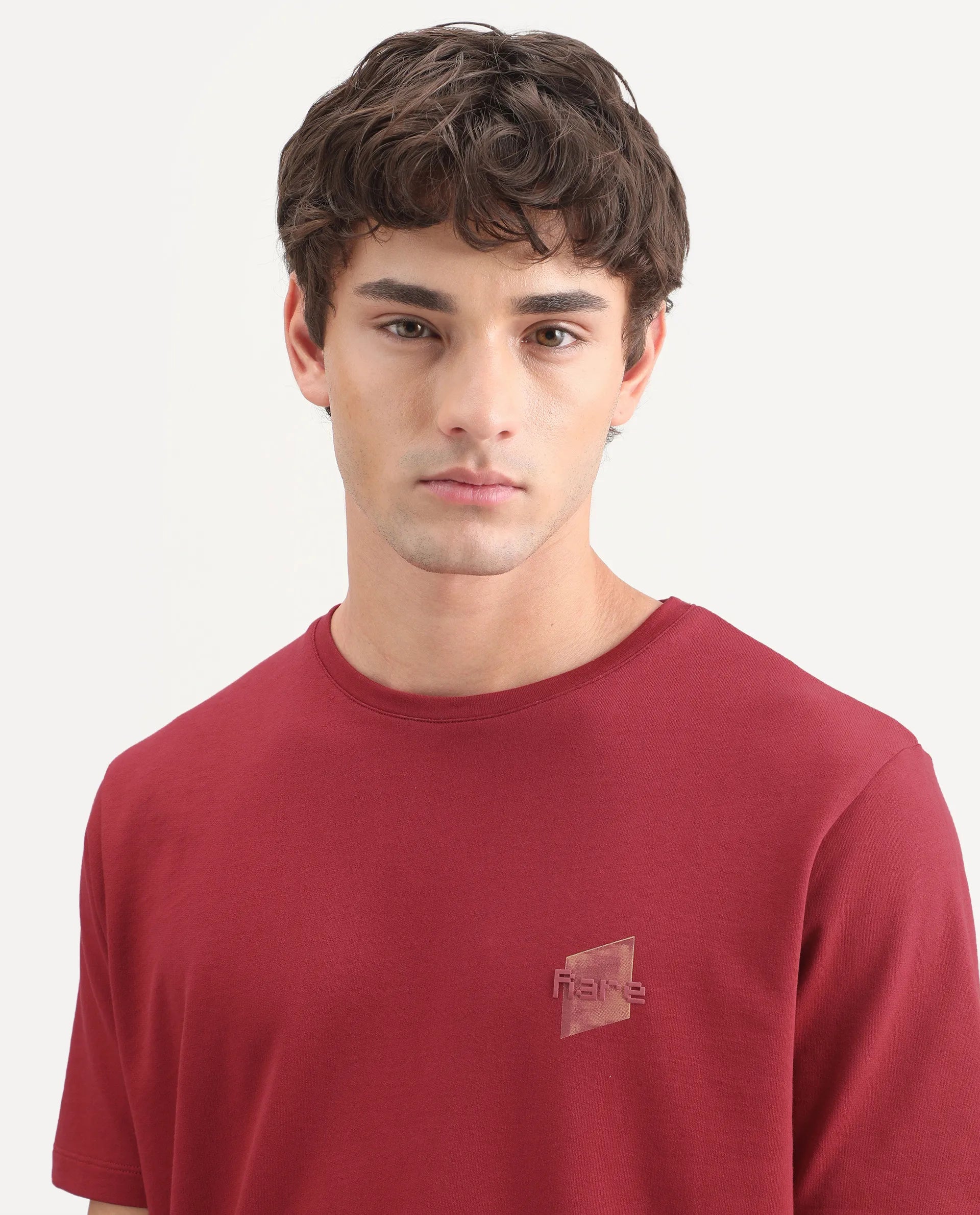 Rare Rabbit Men's Favo Red Cotton Crew Neck Regular Graphic Print T-Shirt