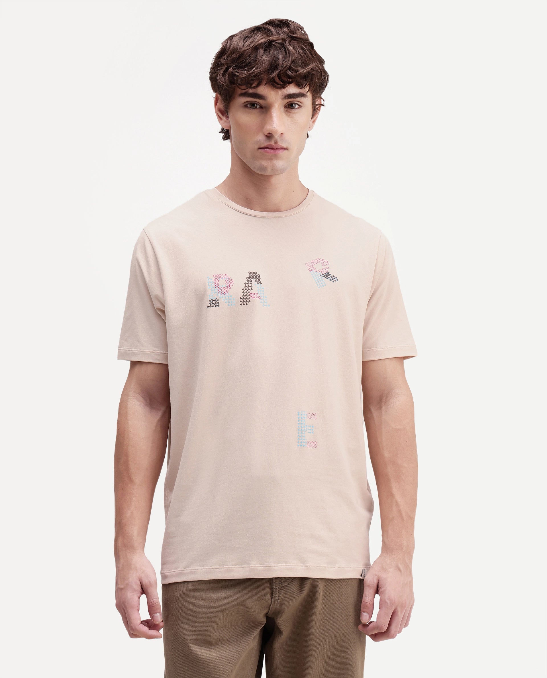 Rare Rabbit Men's Pexo Light Beige Cotton Blend Crew Neck Regular Graphic Print T-Shirt