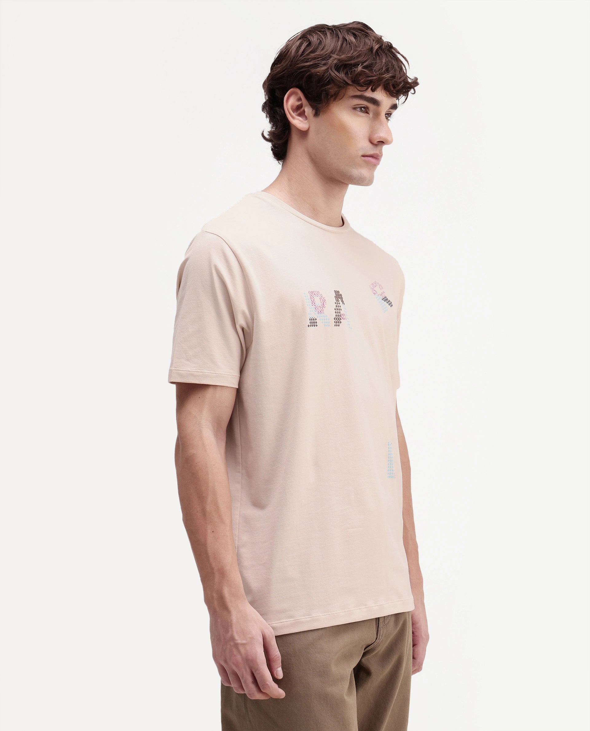 Rare Rabbit Men's Pexo Light Beige Cotton Blend Crew Neck Regular Graphic Print T-Shirt