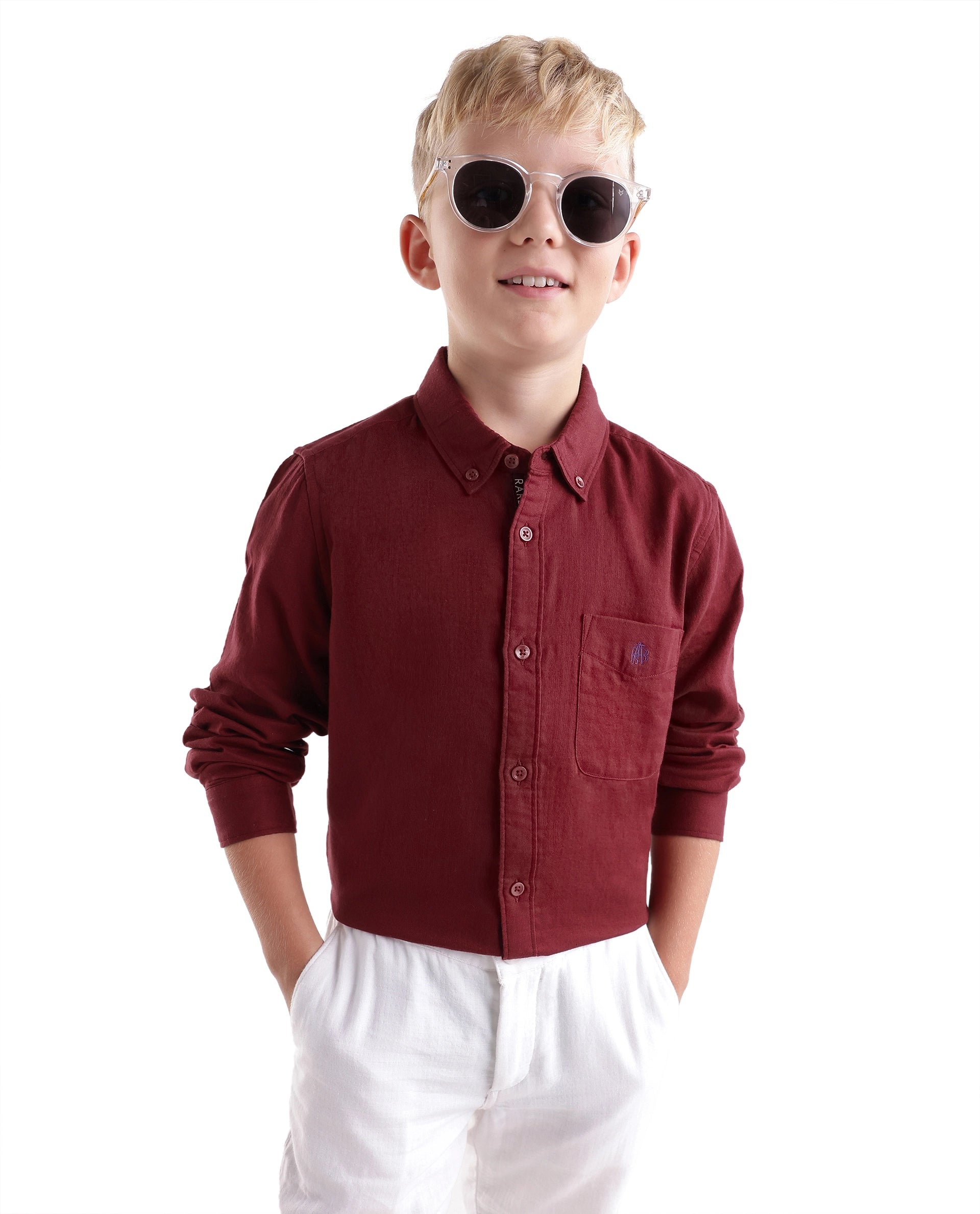Rare Ones Kids Layerr-Fs-K -Aw26 Red Cotton Fabric Button Closure Regular Plain Shirt