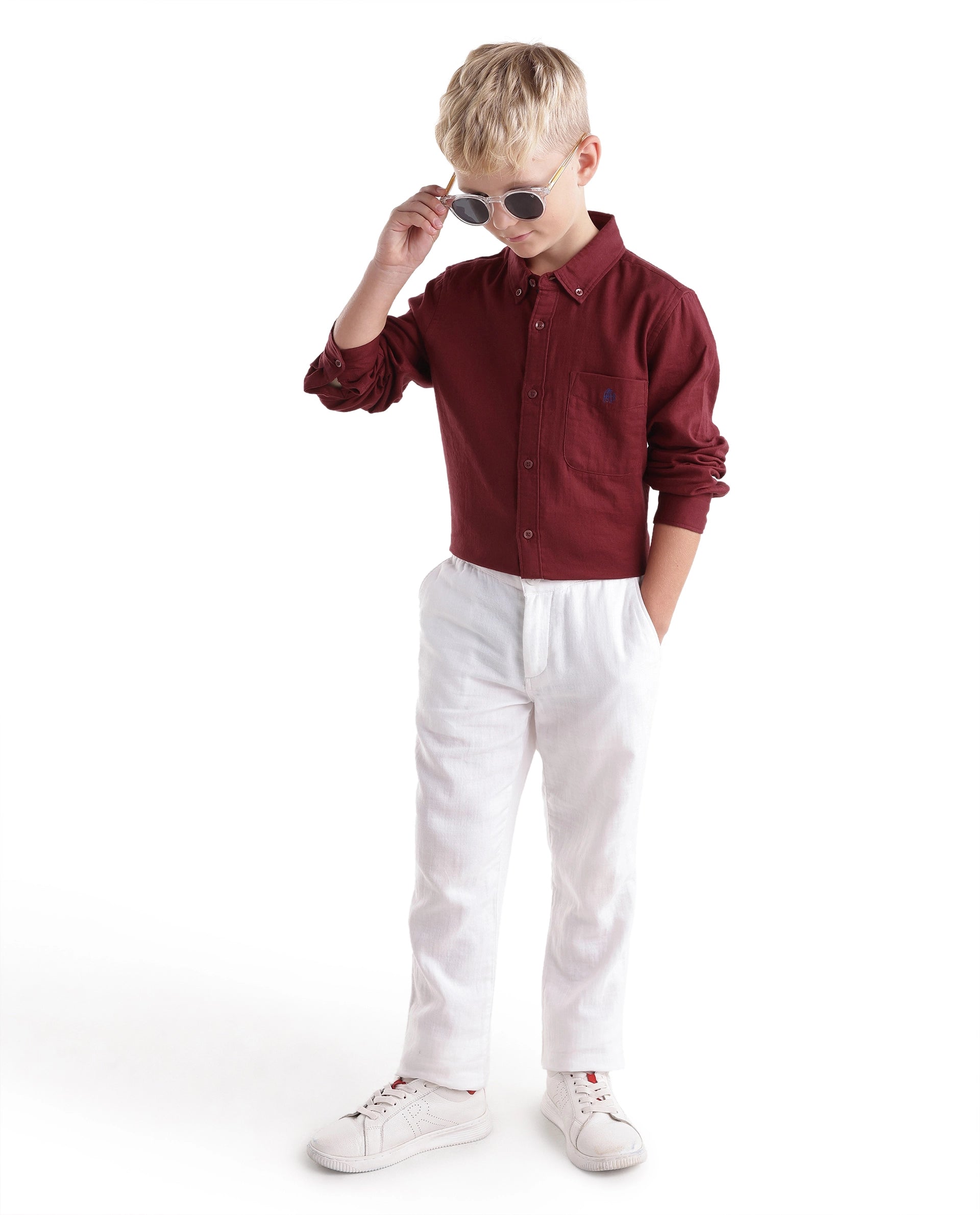 Rare Ones Kids Layerr-Fs-K -Aw26 Red Cotton Fabric Button Closure Regular Plain Shirt