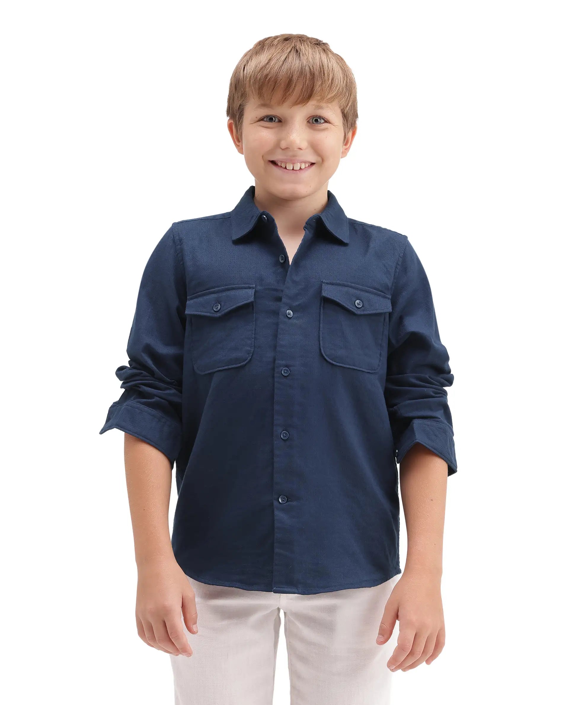 Rare Ones Kids Presso-T-K Dark Navy Cotton Fabric Button Closure Regular Plain Shirt