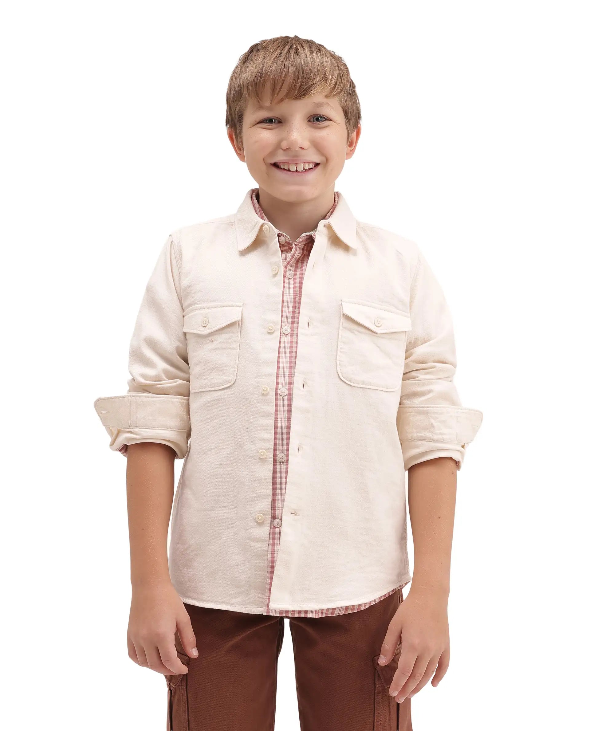Rare Ones Kids Presso-T-K Light Beige Cotton Fabric Button Closure Regular Plain Shirt