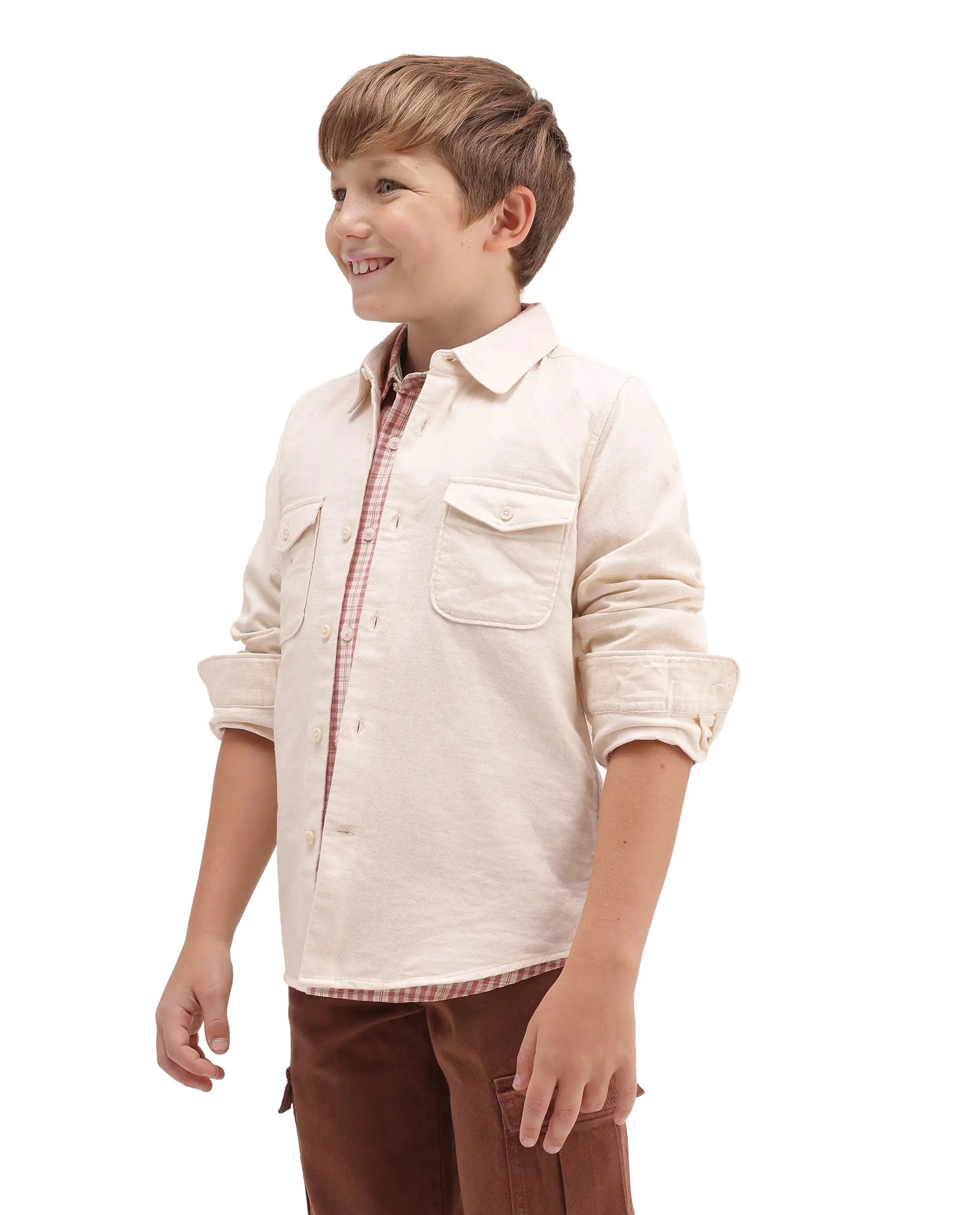 Rare Ones Kids Presso-T-K Light Beige Cotton Fabric Button Closure Regular Plain Shirt