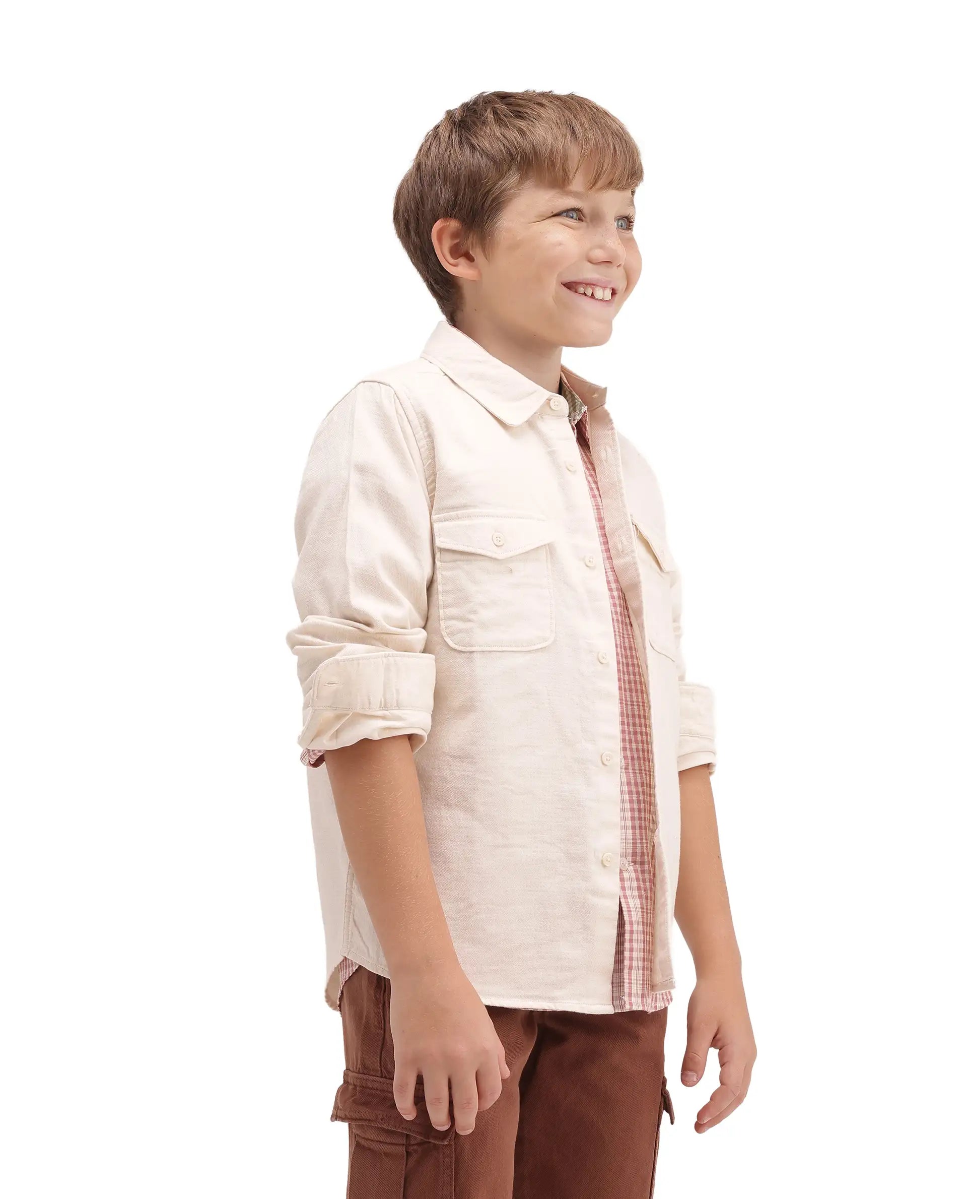 Rare Ones Kids Presso-T-K Light Beige Cotton Fabric Button Closure Regular Plain Shirt