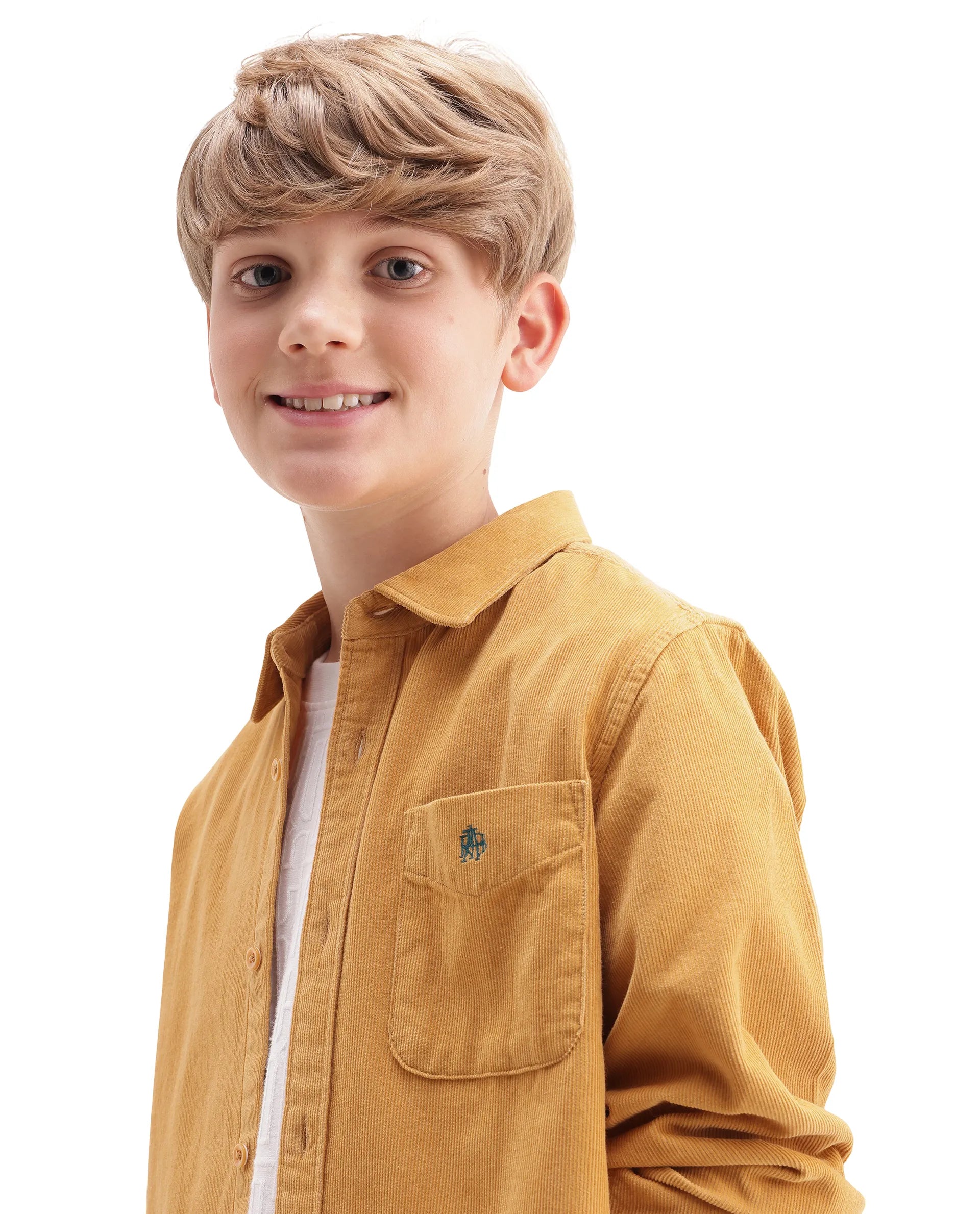 Rare Ones Kids Ceon Mustard Cotton Fabric Button Closure Regular Plain Shirt