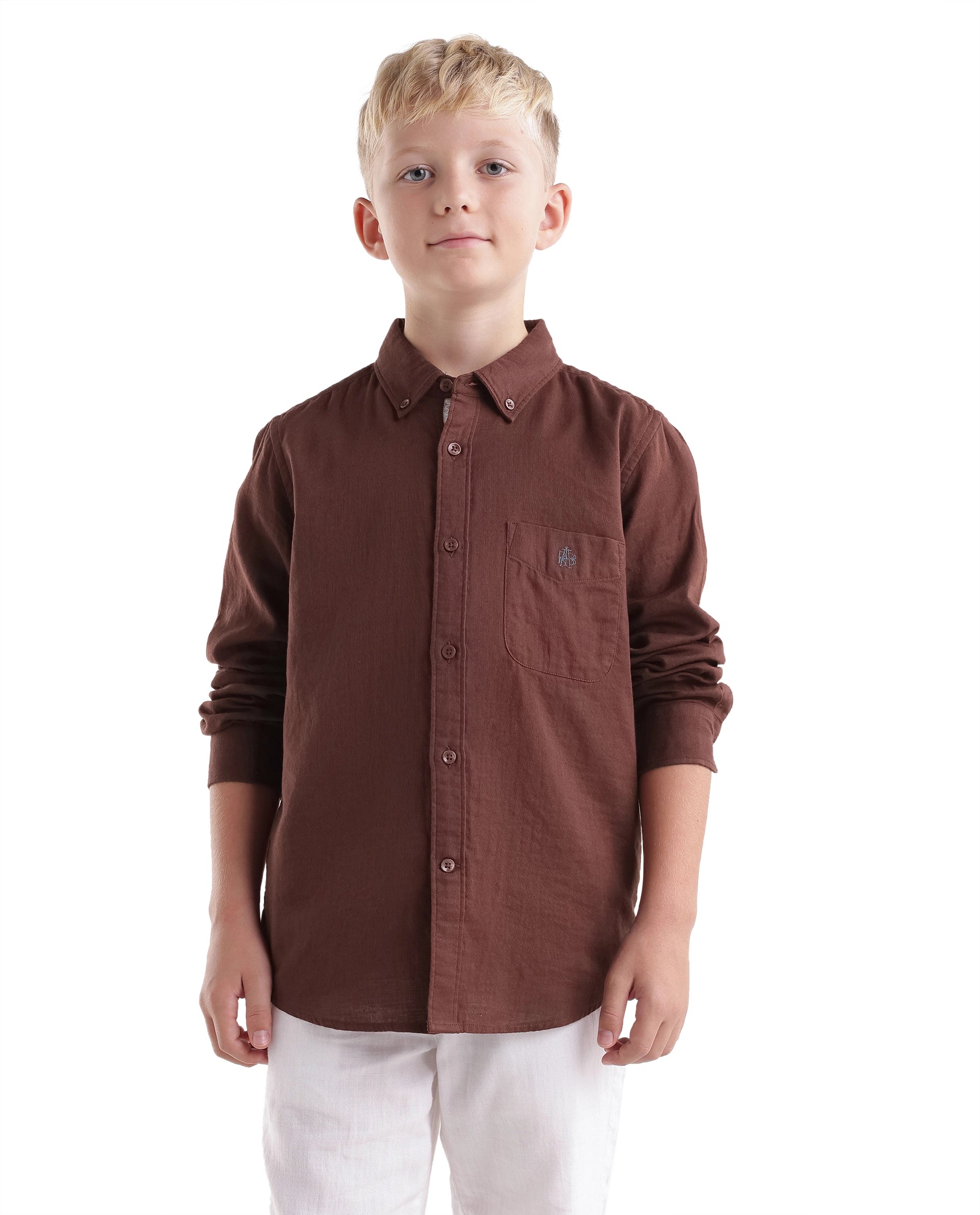 Rare Ones Kids Layerr-Fs-K -Aw26 Dark Rust Cotton Fabric Button Closure Regular Plain Shirt