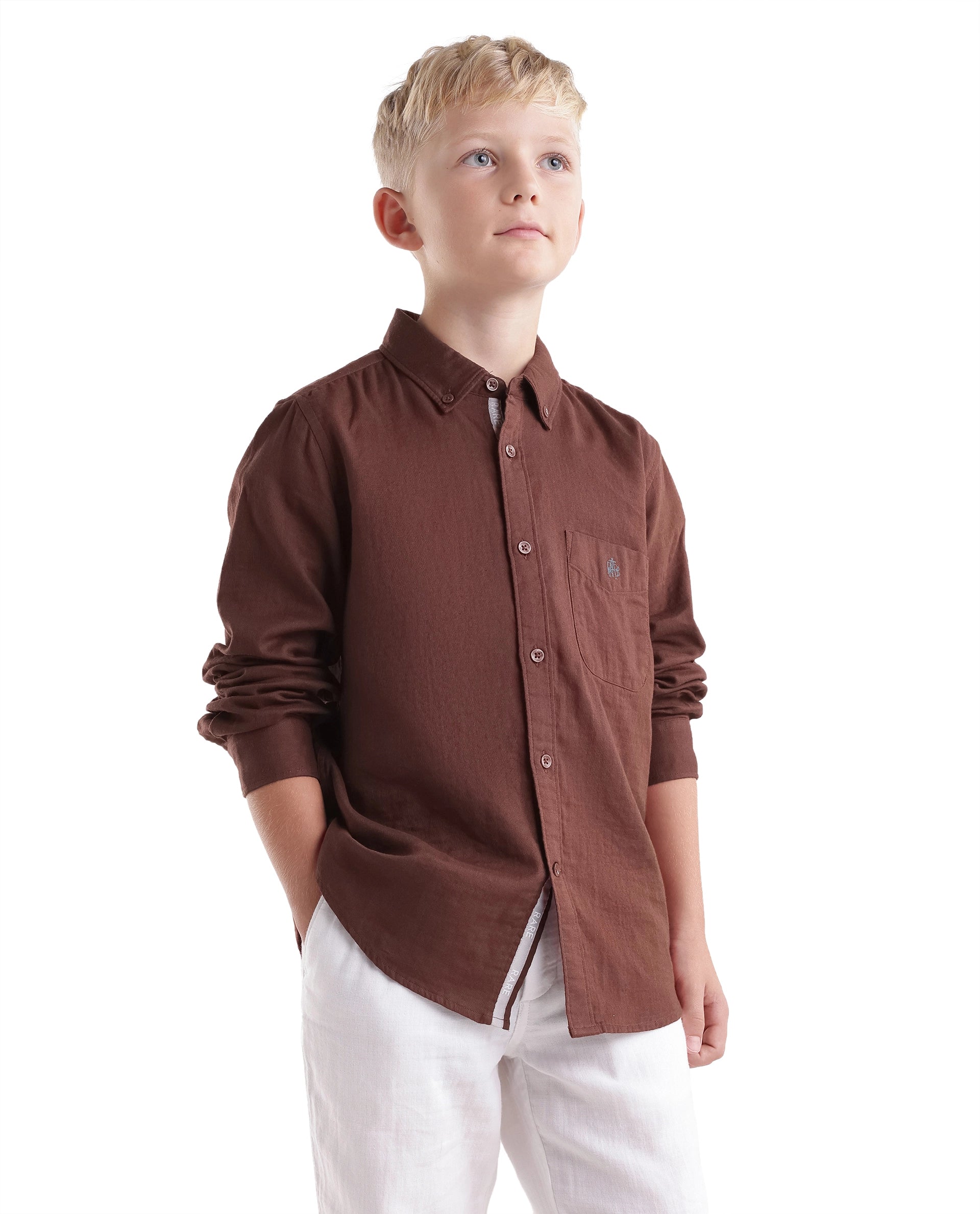 Rare Ones Kids Layerr-Fs-K -Aw26 Dark Rust Cotton Fabric Button Closure Regular Plain Shirt