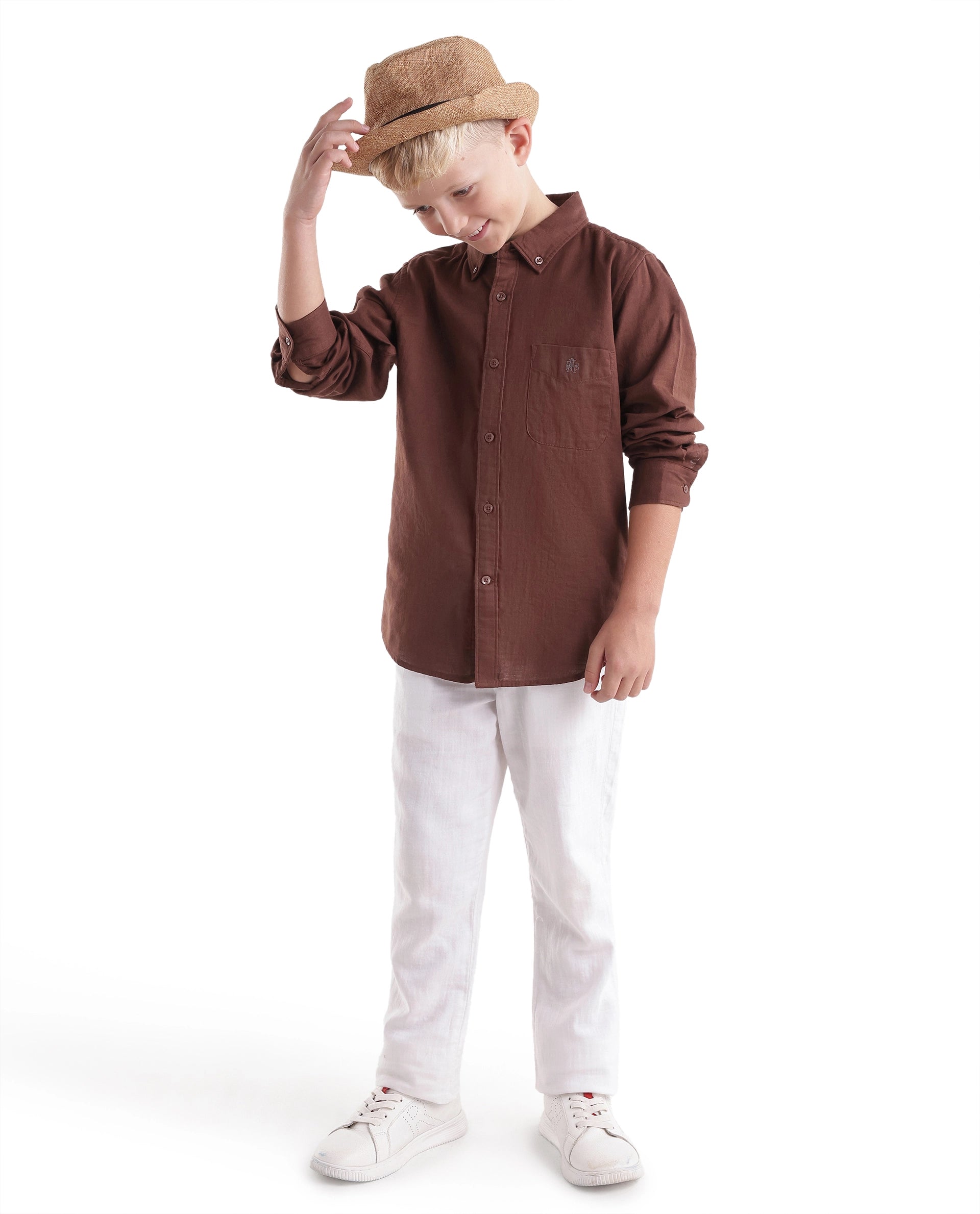 Rare Ones Kids Layerr-Fs-K -Aw26 Dark Rust Cotton Fabric Button Closure Regular Plain Shirt