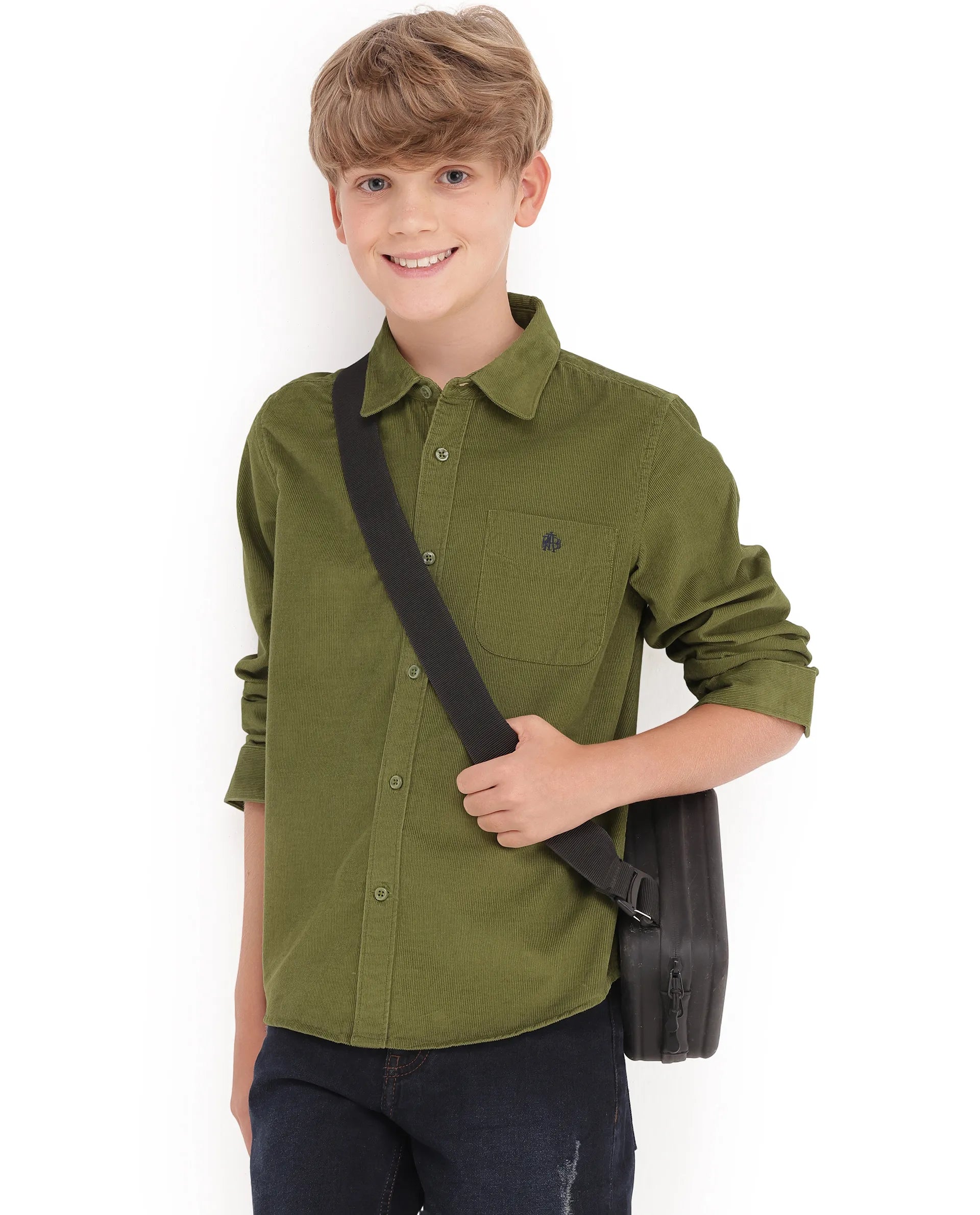 Rare Ones Kids Ceon Light Green Cotton Fabric Button Closure Regular Plain Shirt