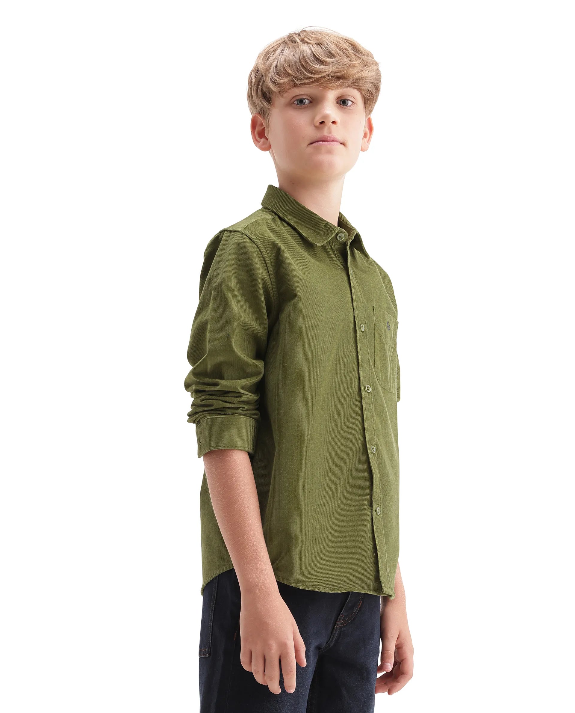 Rare Ones Kids Ceon Light Green Cotton Fabric Button Closure Regular Plain Shirt