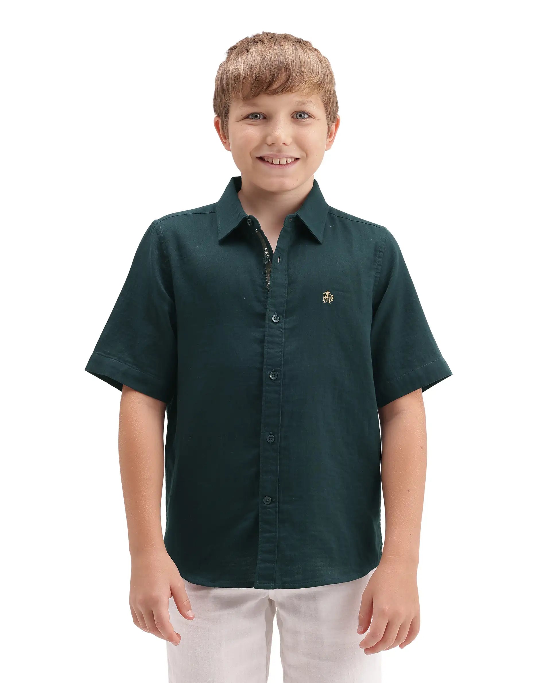 Rare Ones Kids Layerr-Hs-K-Aw26 Dark Teal Cotton Fabric Button Closure Regular Plain Shirt