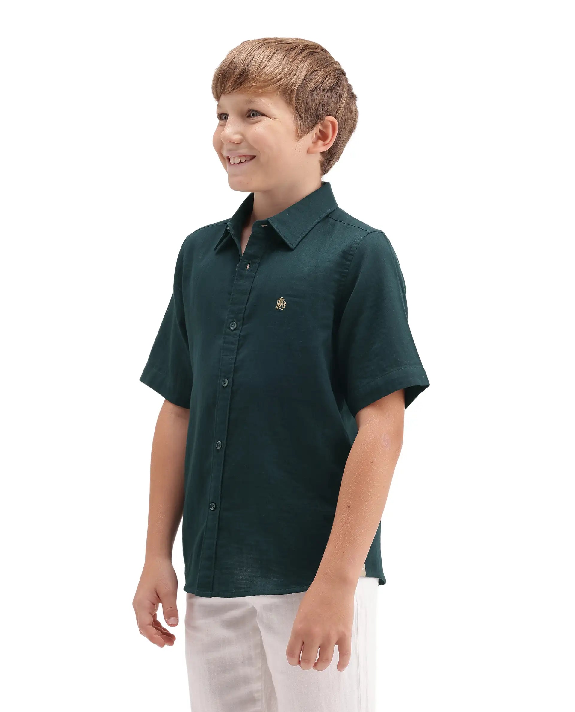 Rare Ones Kids Layerr-Hs-K-Aw26 Dark Teal Cotton Fabric Button Closure Regular Plain Shirt