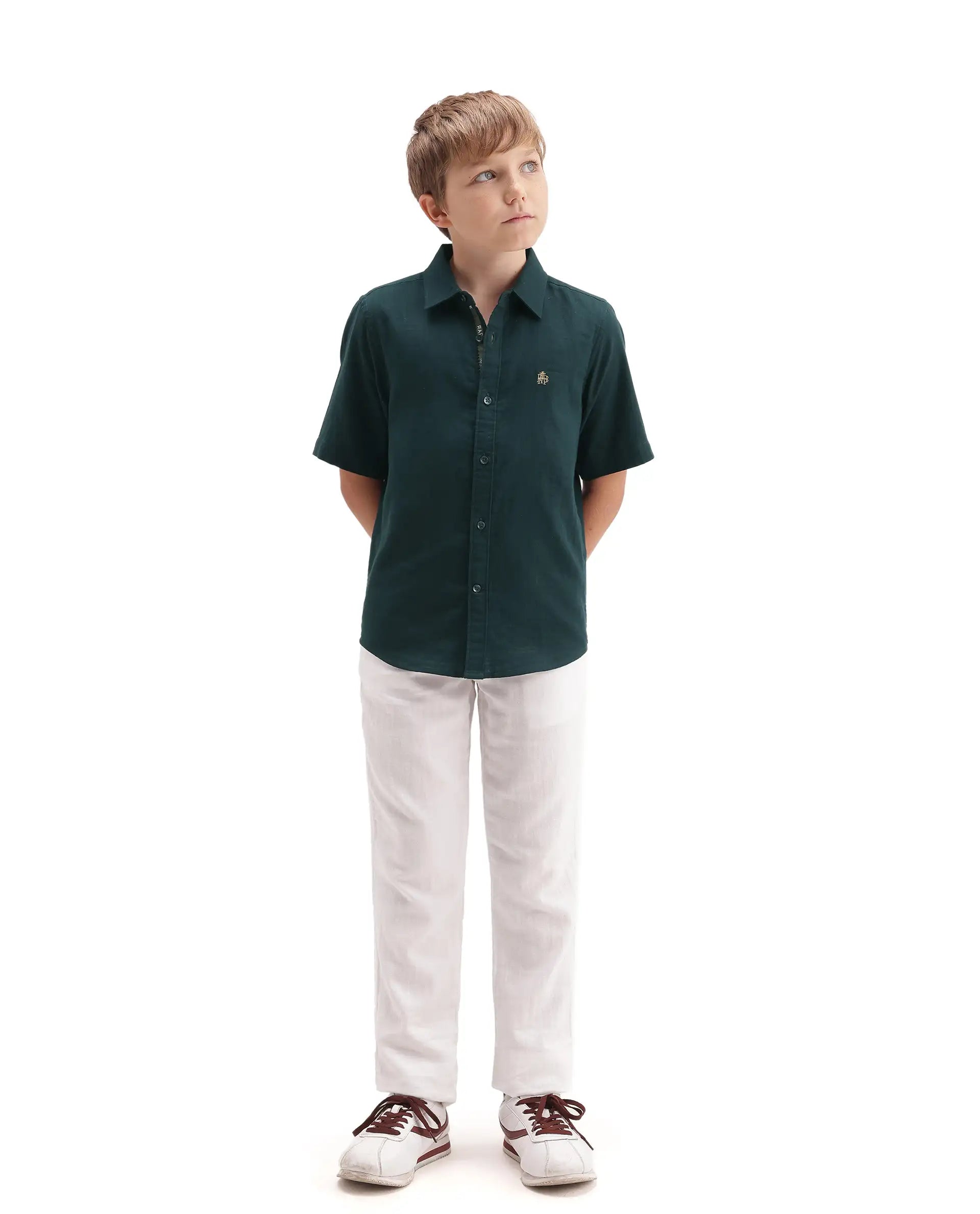 Rare Ones Kids Layerr-Hs-K-Aw26 Dark Teal Cotton Fabric Button Closure Regular Plain Shirt