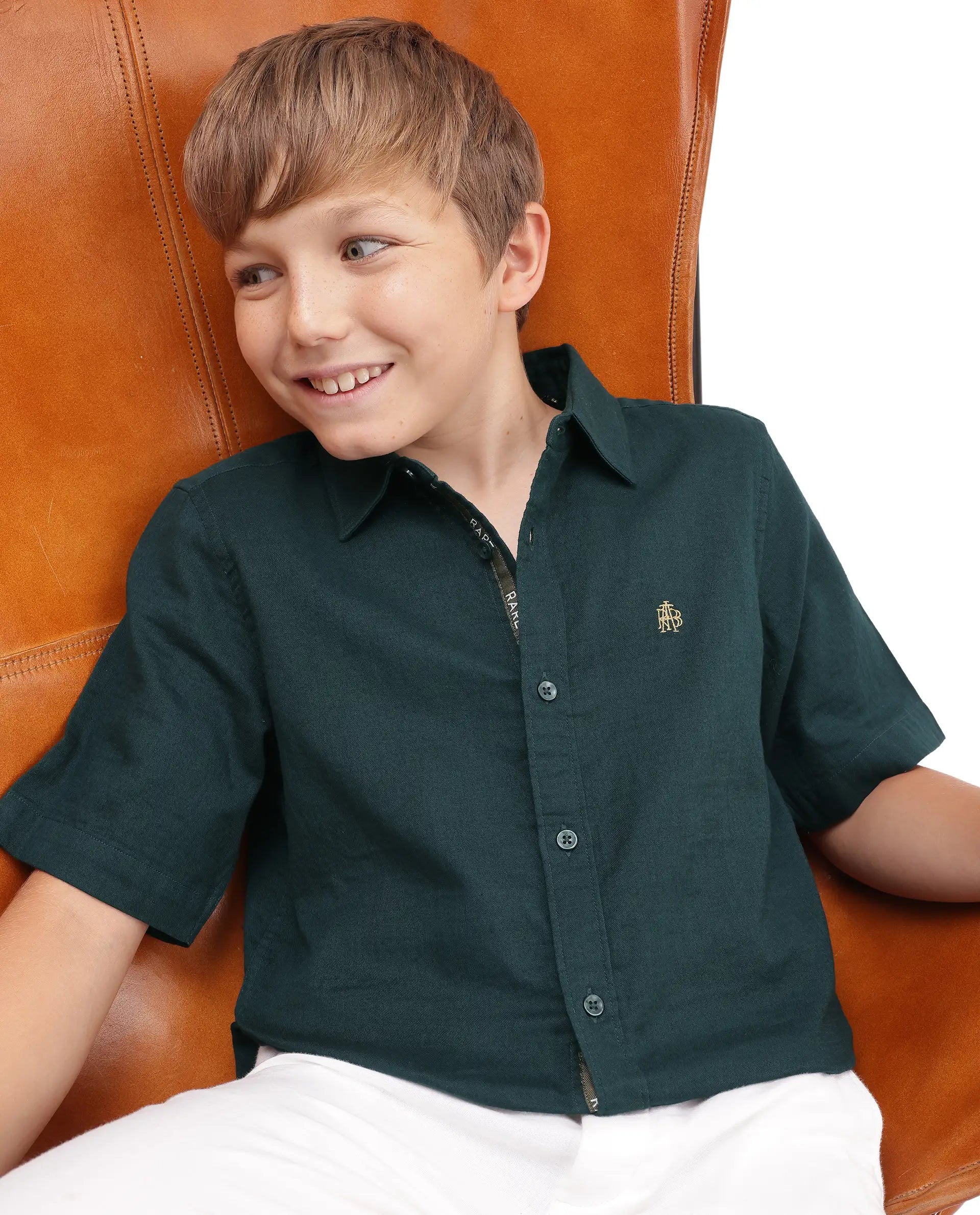 Rare Ones Kids Layerr-Hs-K-Aw26 Dark Teal Cotton Fabric Button Closure Regular Plain Shirt