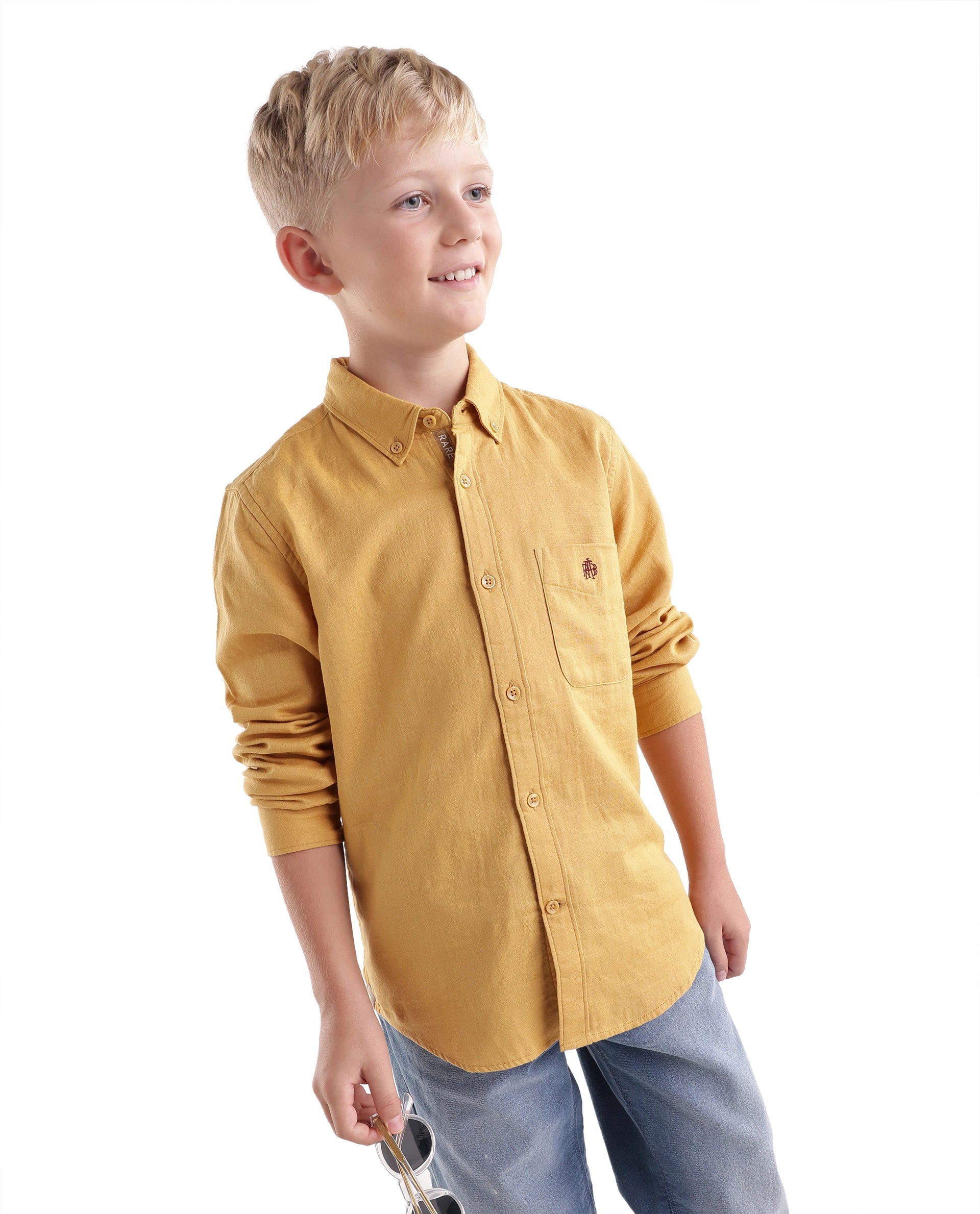 Rare Ones Kids Layerr-Fs-K -Aw26 Mustard Cotton Fabric Button Closure Regular Plain Shirt