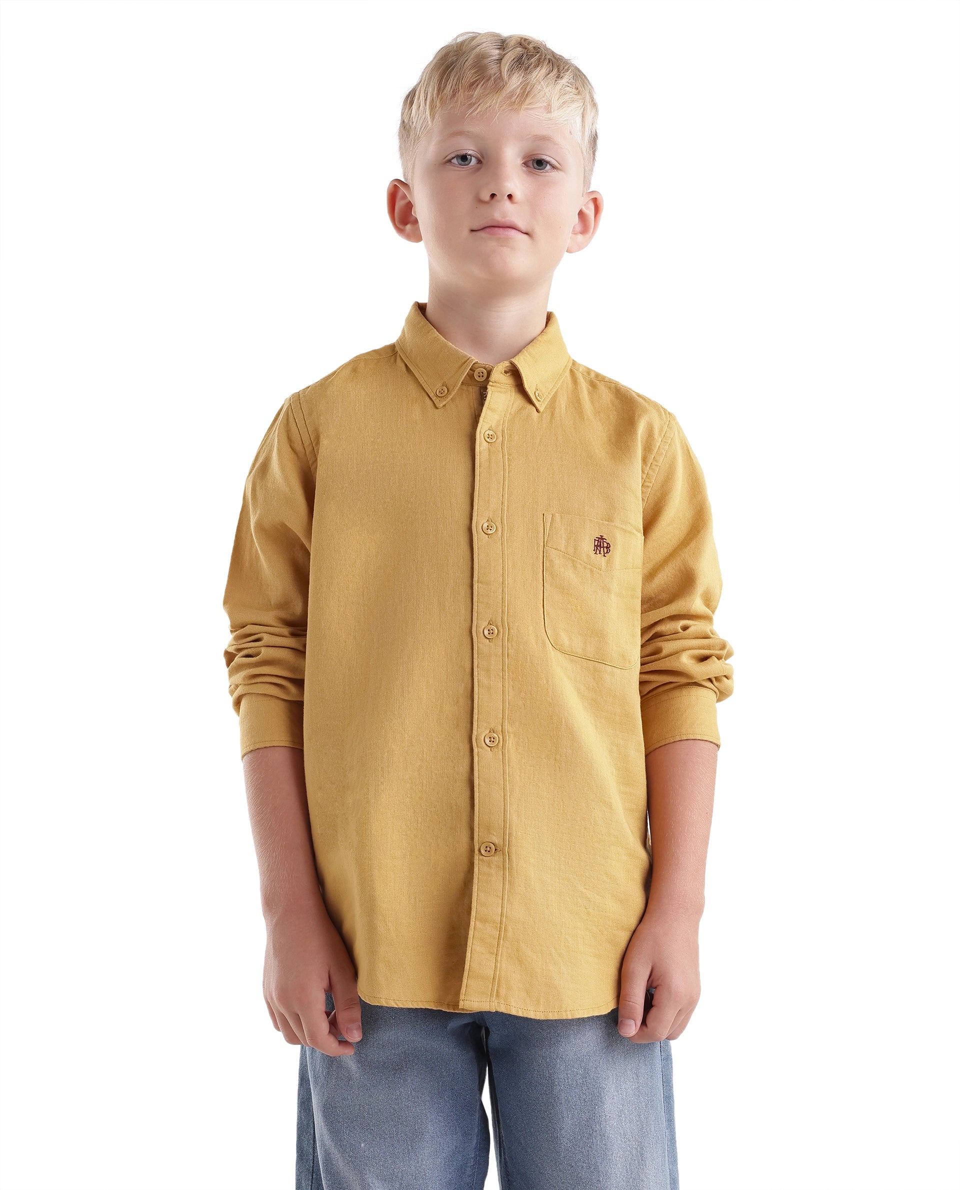 Rare Ones Kids Layerr-Fs-K -Aw26 Mustard Cotton Fabric Button Closure Regular Plain Shirt