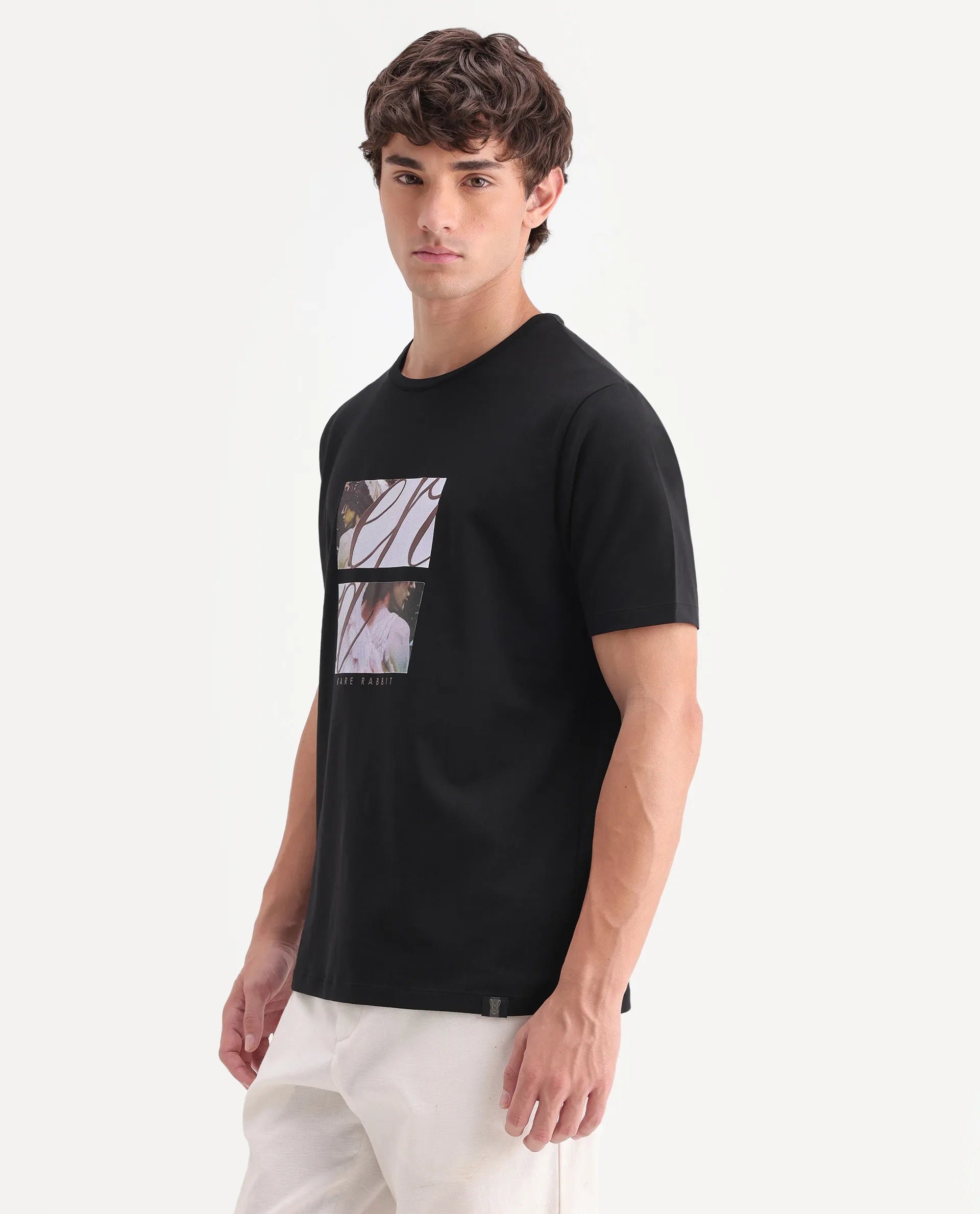 Rare Rabbit Men's Lobe Black Cotton Blend Crew Neck Regular Graphic Print T-Shirt