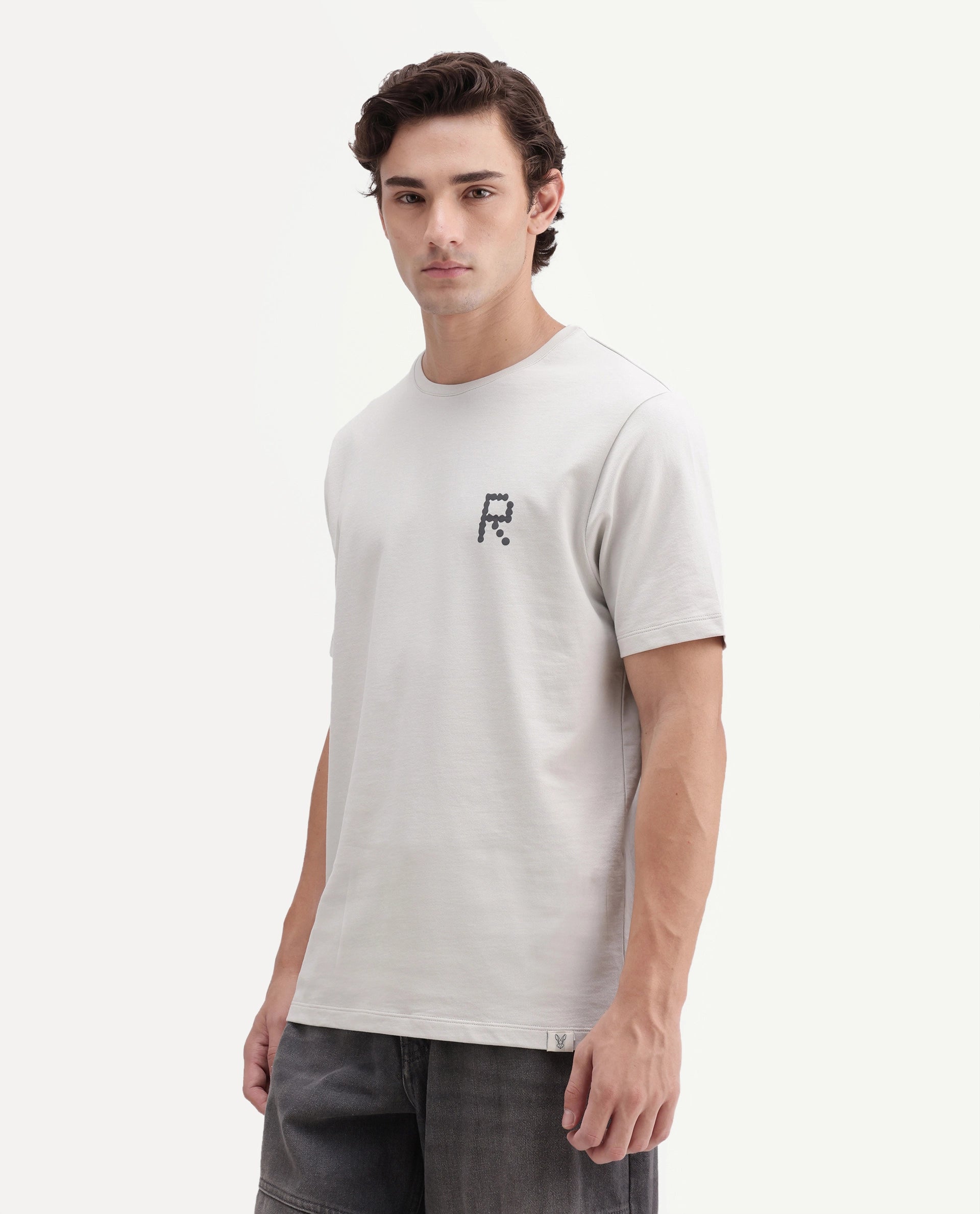 Rare Rabbit Men's Lirett Light Grey Cotton Regular Half Sleeves Graphic Print T-Shirt