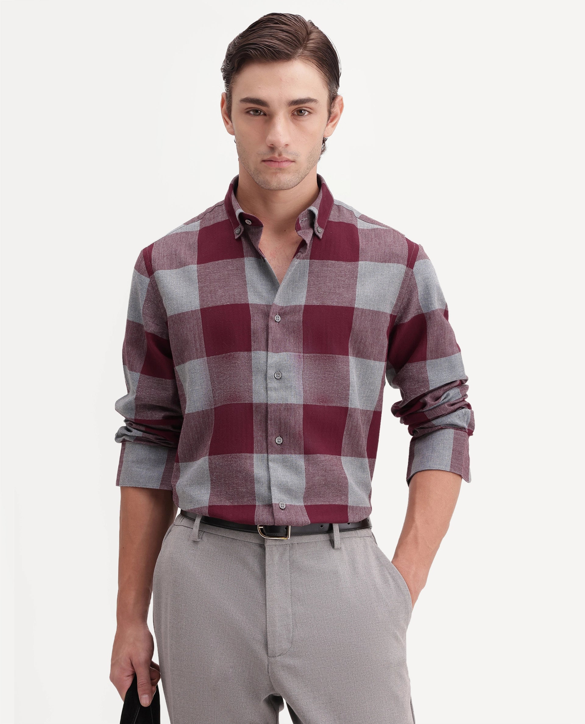 Rare Rabbit Men's Tenz Primary Red Cotton Blend Spread Collar Regular Checks Shirt