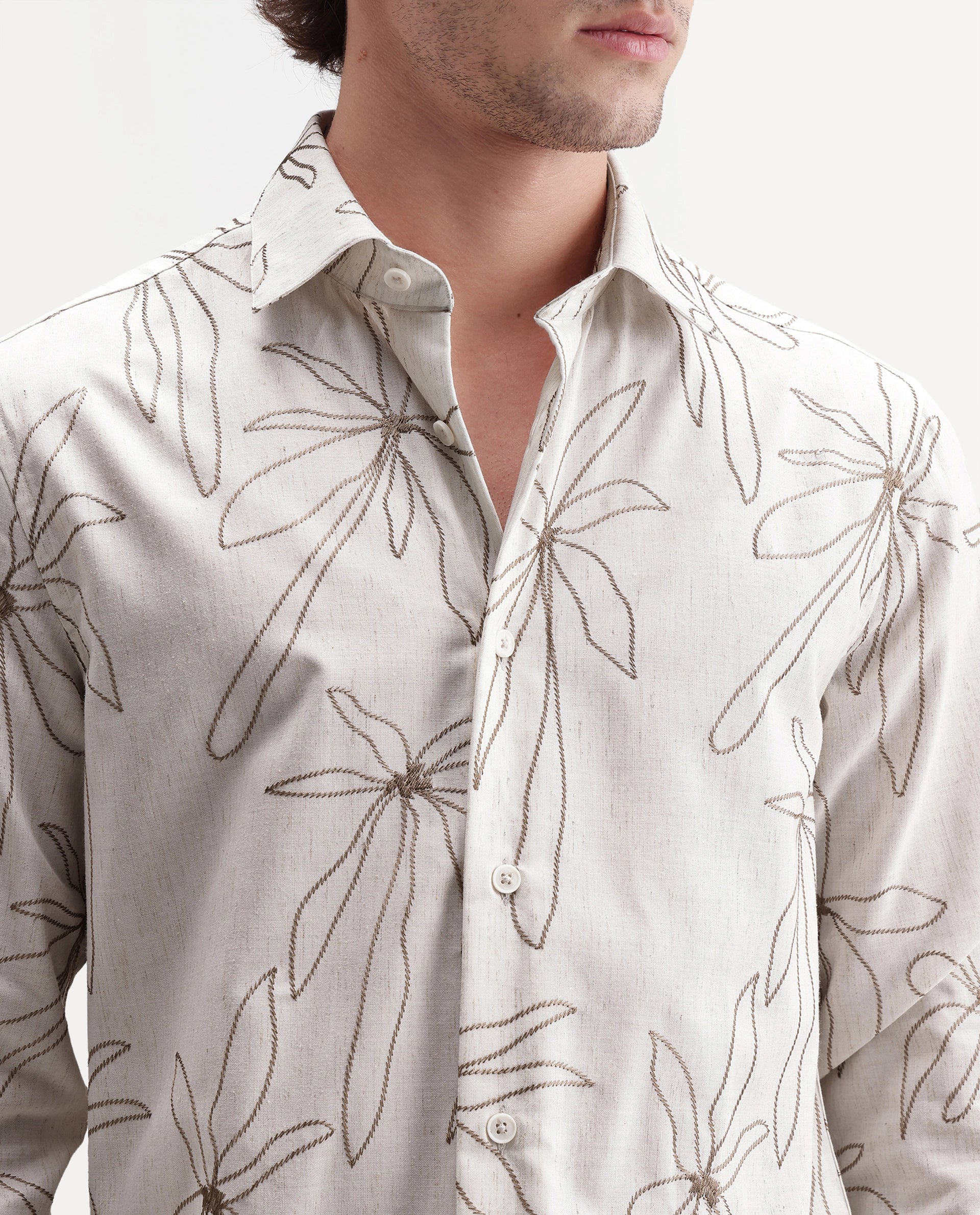 Rare Rabbit Men's Draco Primary Off White Linen Blend Spread Collar Regular Embroidered Shirt