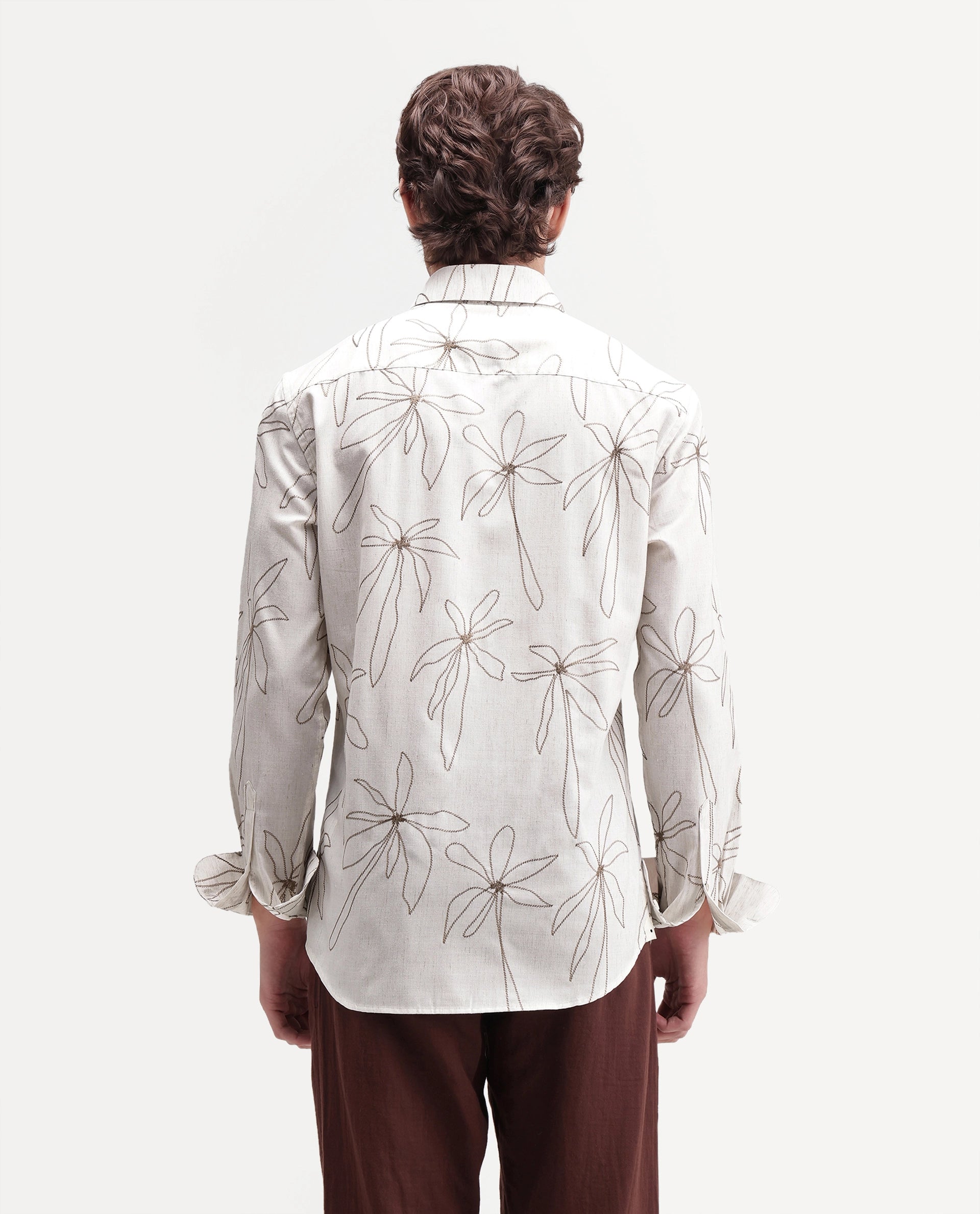 Rare Rabbit Men's Draco Primary Off White Linen Blend Spread Collar Regular Embroidered Shirt