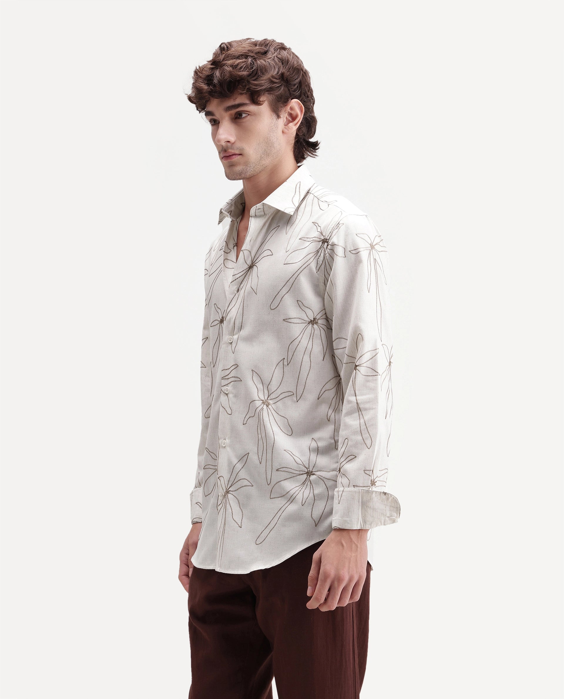 Rare Rabbit Men's Draco Primary Off White Linen Blend Spread Collar Regular Embroidered Shirt