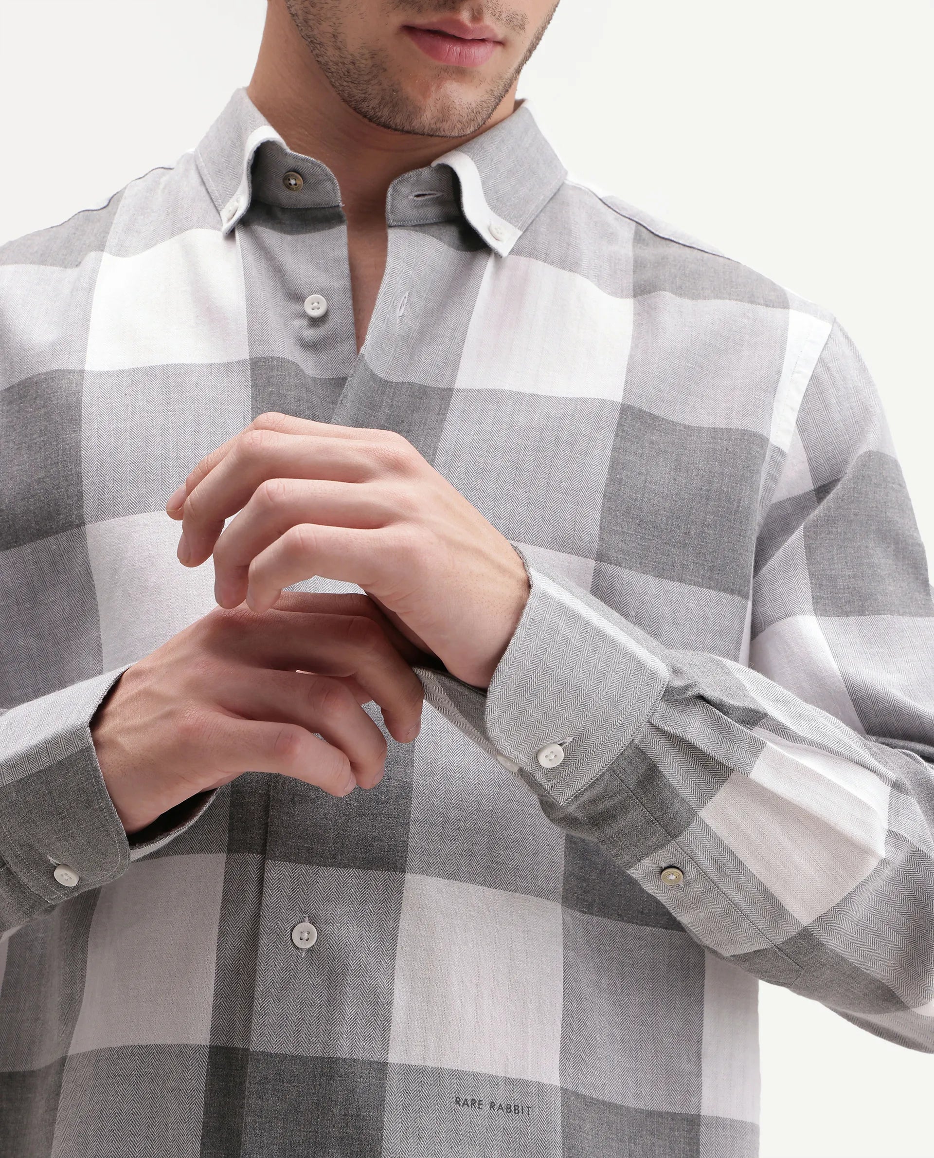 Rare Rabbit Men's Tenz Primary Grey Cotton Blend Spread Collar Regular Checks Shirt