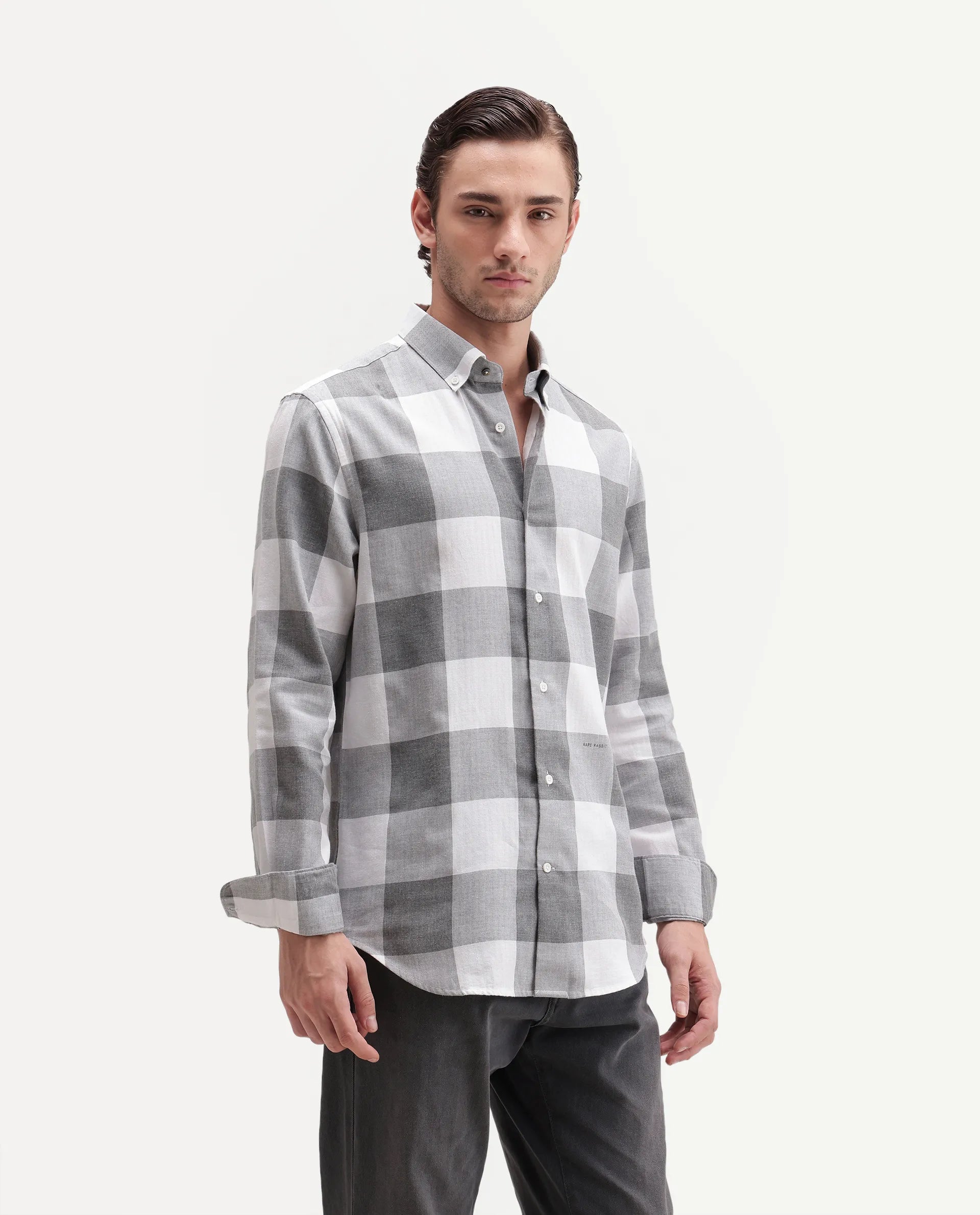 Rare Rabbit Men's Tenz Primary Grey Cotton Blend Spread Collar Regular Checks Shirt